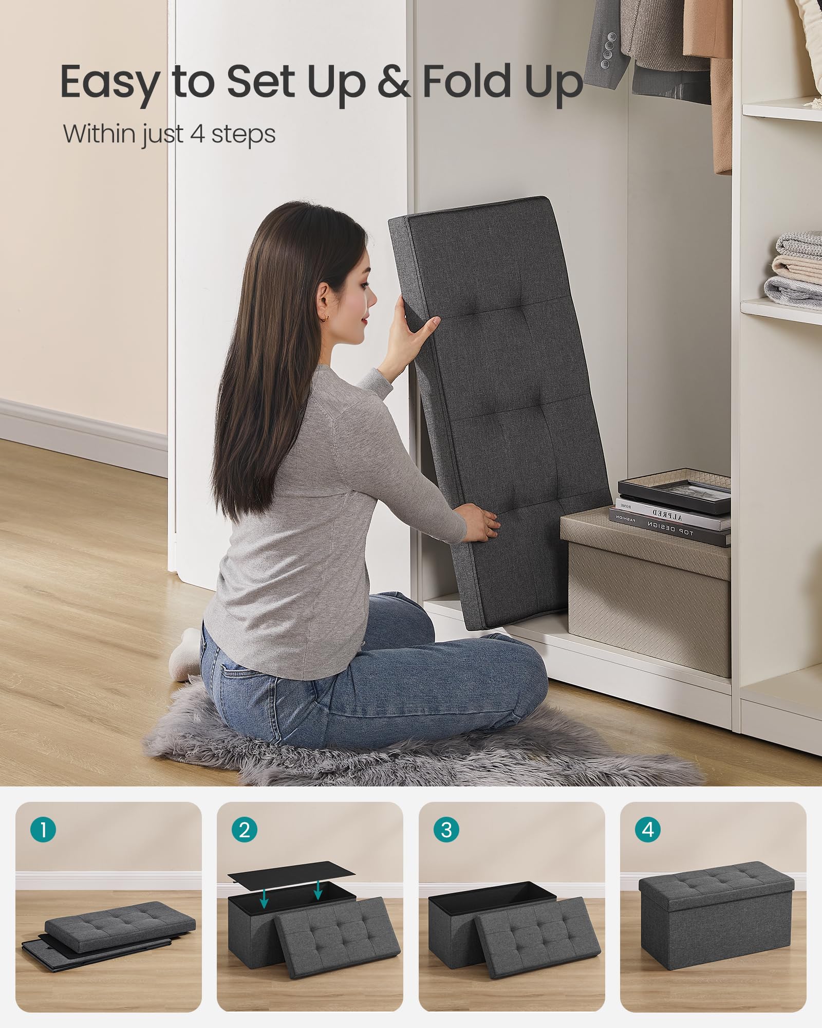 30 Inches Folding Storage Ottoman Bench