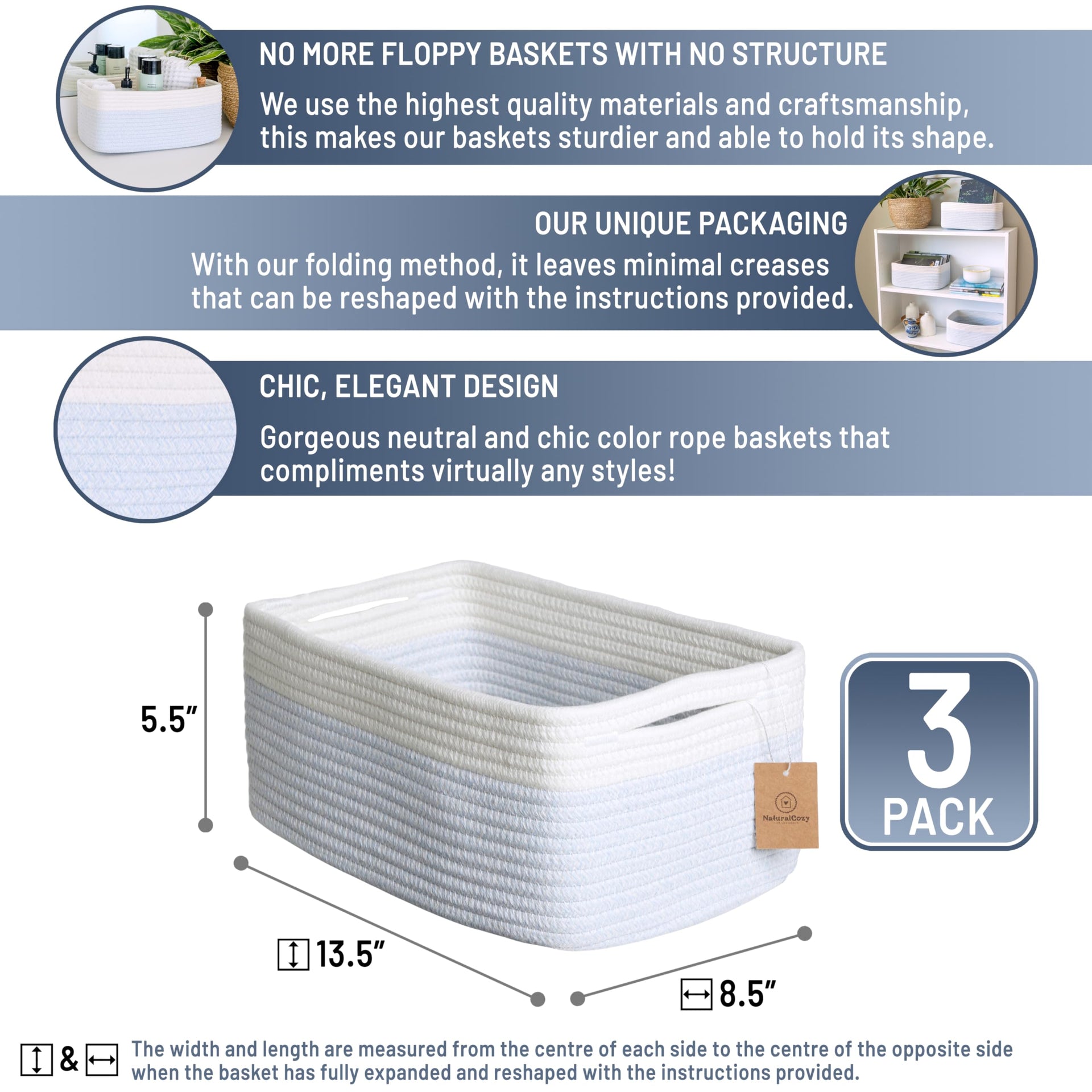 13.5”x8.5”x5.5” Rectangle Storage Baskets for Shelves 3 Pack (3 Count)