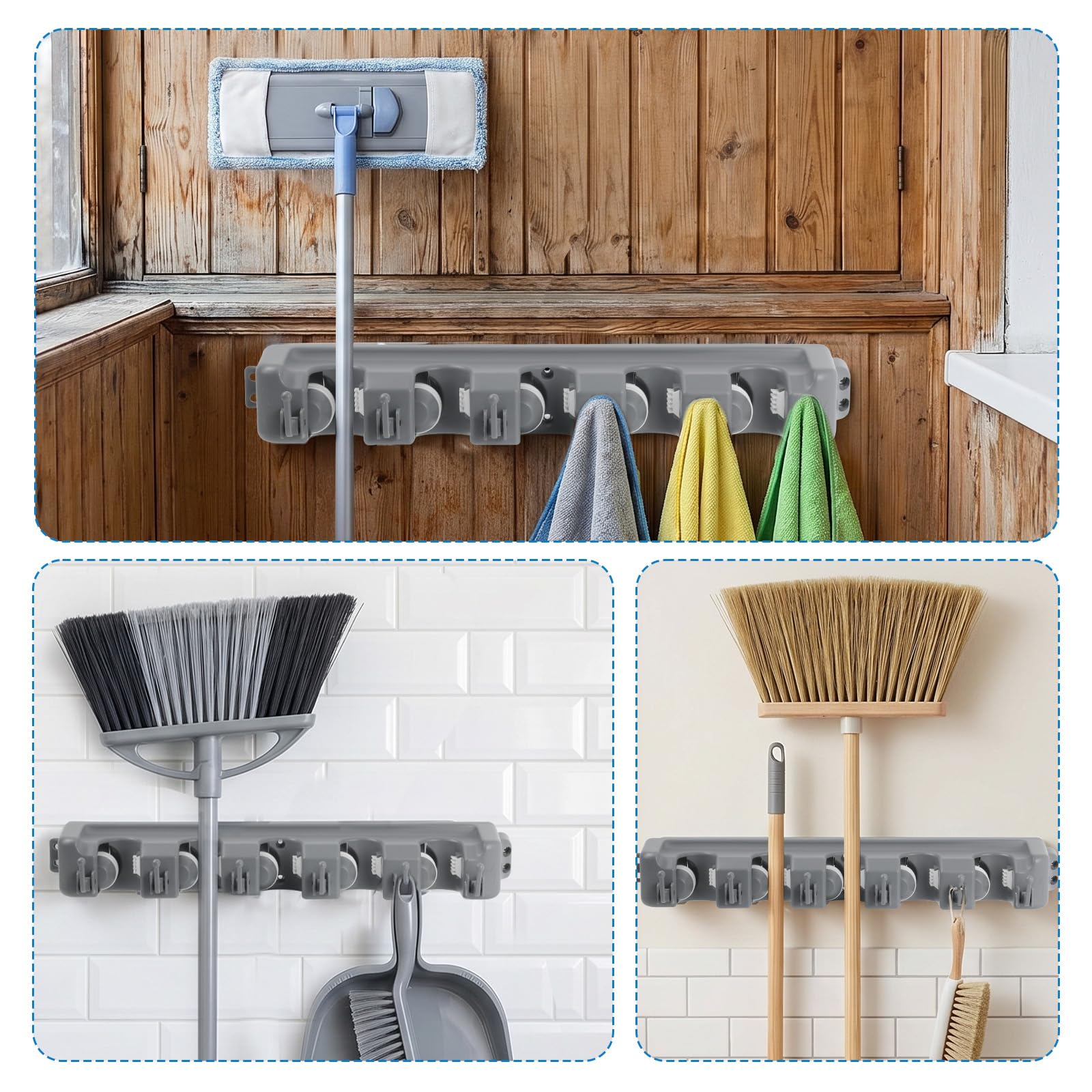 2 Pack 16 in Broom Mop Holder Garage Storage Organizer with 5 Racks 6 Hooks Adjustable Wall Mounted Storage Tool for Lanudry Garage Kitchen Garden (2 Count)
