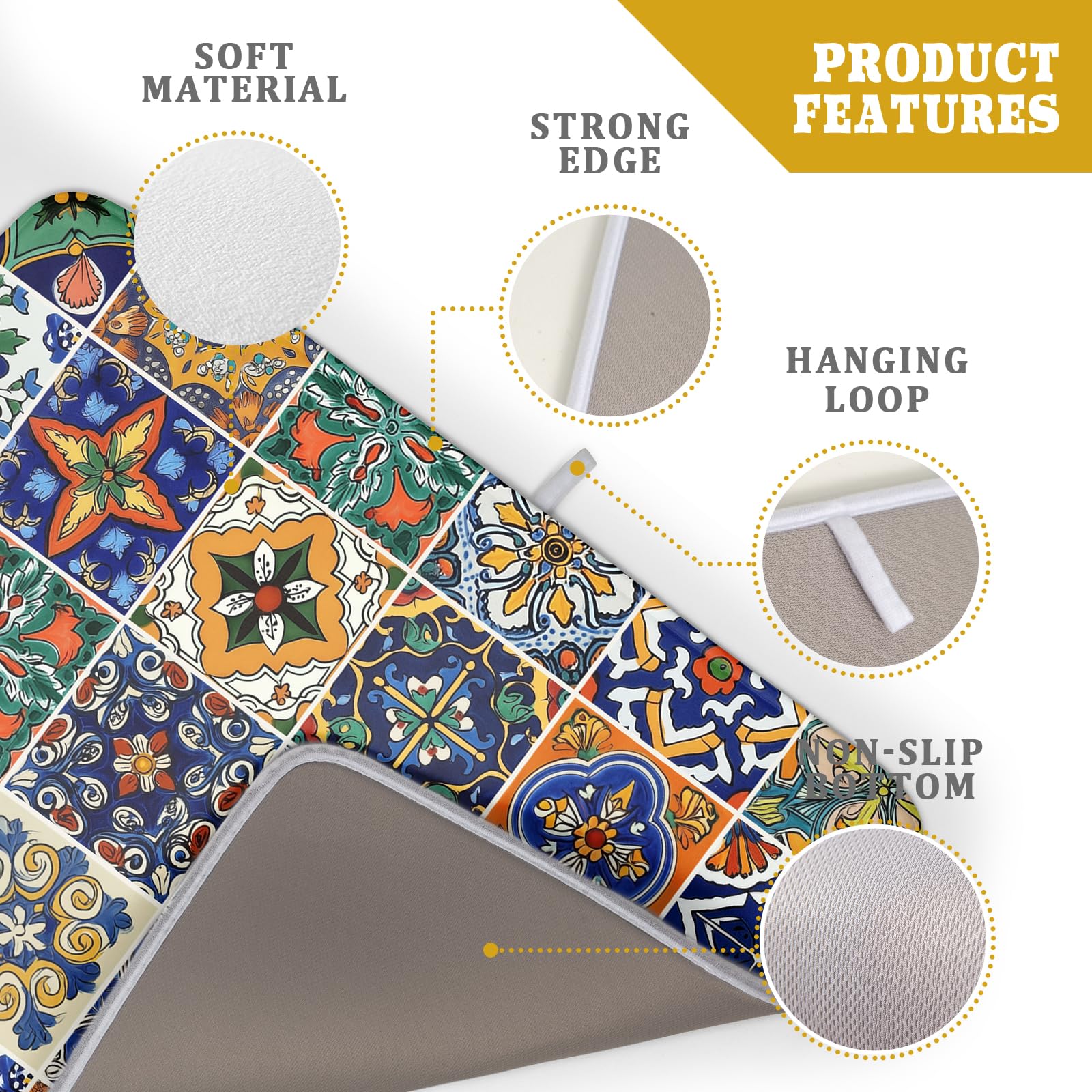 Talavera Mexican Tiles Dish Drying Mat for Kitchen Counter 16x18 Inch Mexican Flower Decorations Dish Draining Mat Mexican Tilt Fast Absorbent Tableware Dishes Pad for Coffee Bar Countertop