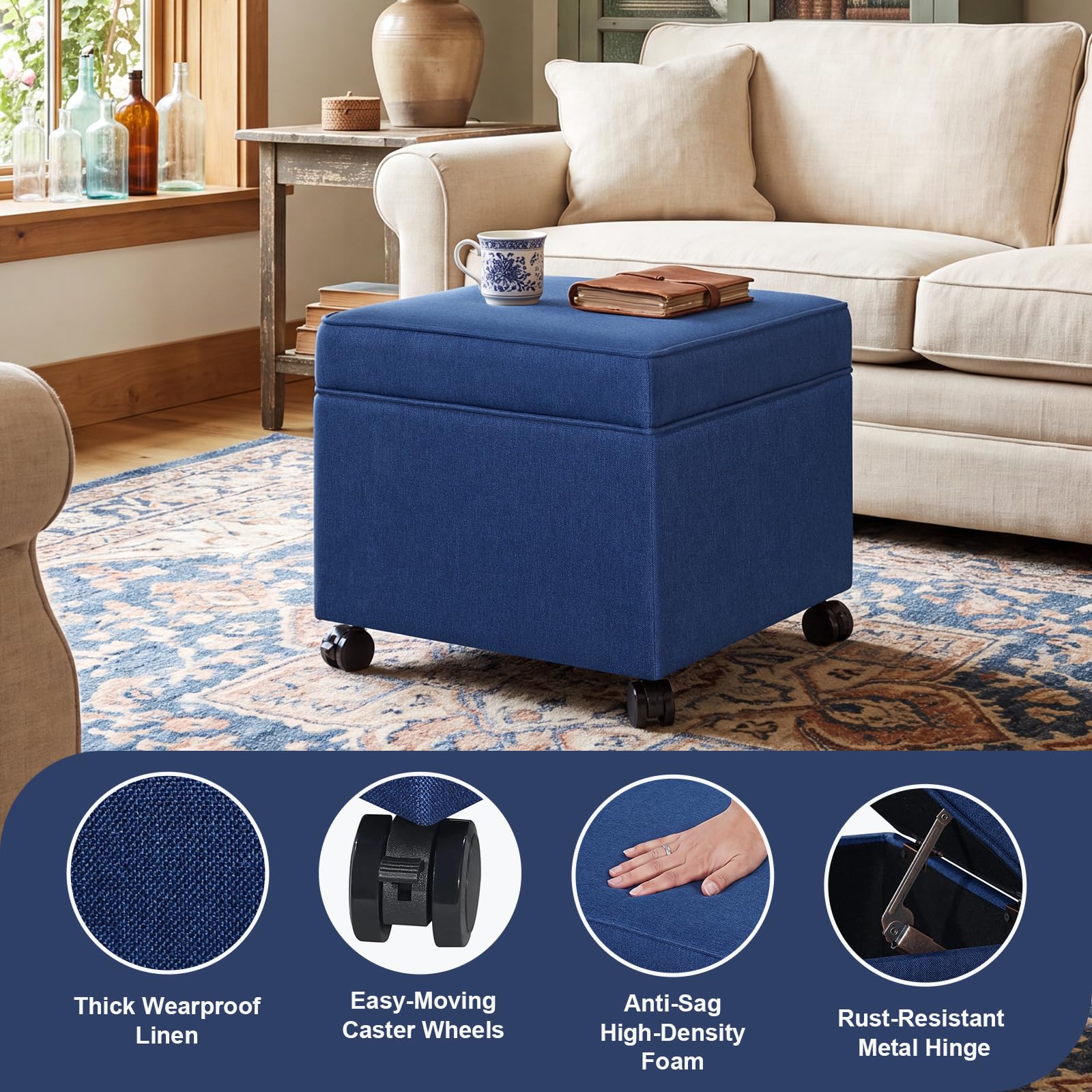 17.5" Navy Blue Square Fabric Storage Ottoman with Rolling Legs