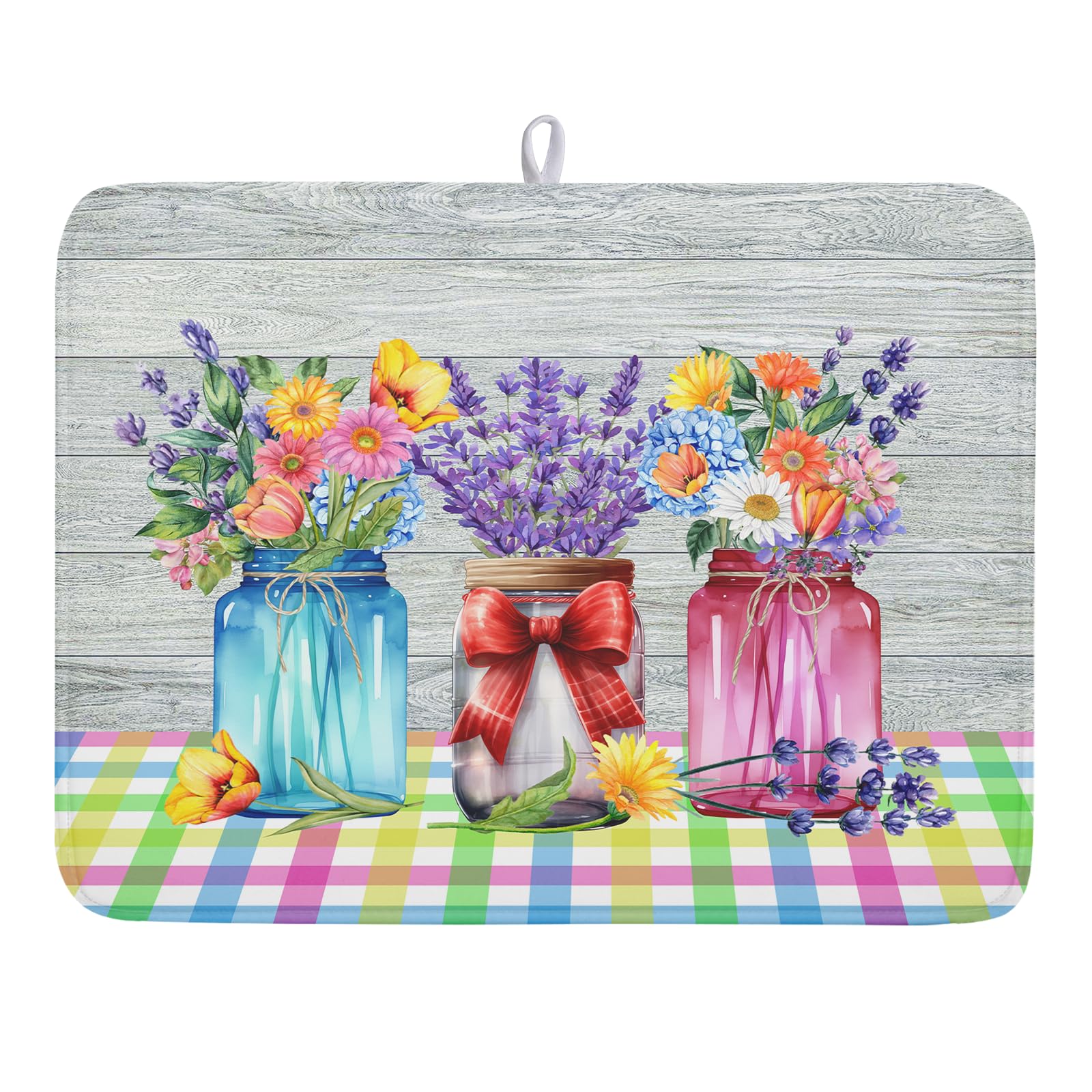 Spring Summer Flowers Dish Drying Mat for Kitchen Counter 18"x24" Spring Floral Jars Drying Mat Soft Absorbent Microfiber Farmhouse Colorful Floral Dish Drainer Rack Mats for Counter tops