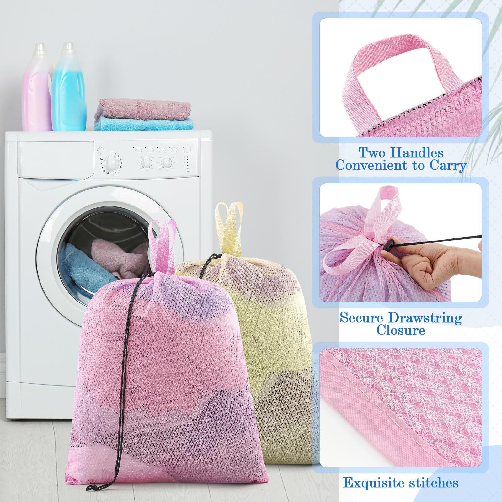 6 Pack 20 x 17 Inches Colorful Mesh Laundry Bag Soft with Handles Medium Machine Washable Secure Drawstring Closure Sturdy Mesh Net Laundry for College Travel Dorm Laundromat (6 Count)