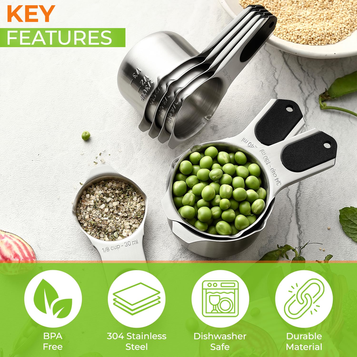 Magnetic Stainless Steel Measuring Cups Set of 7 Patented Black (7 Count)
