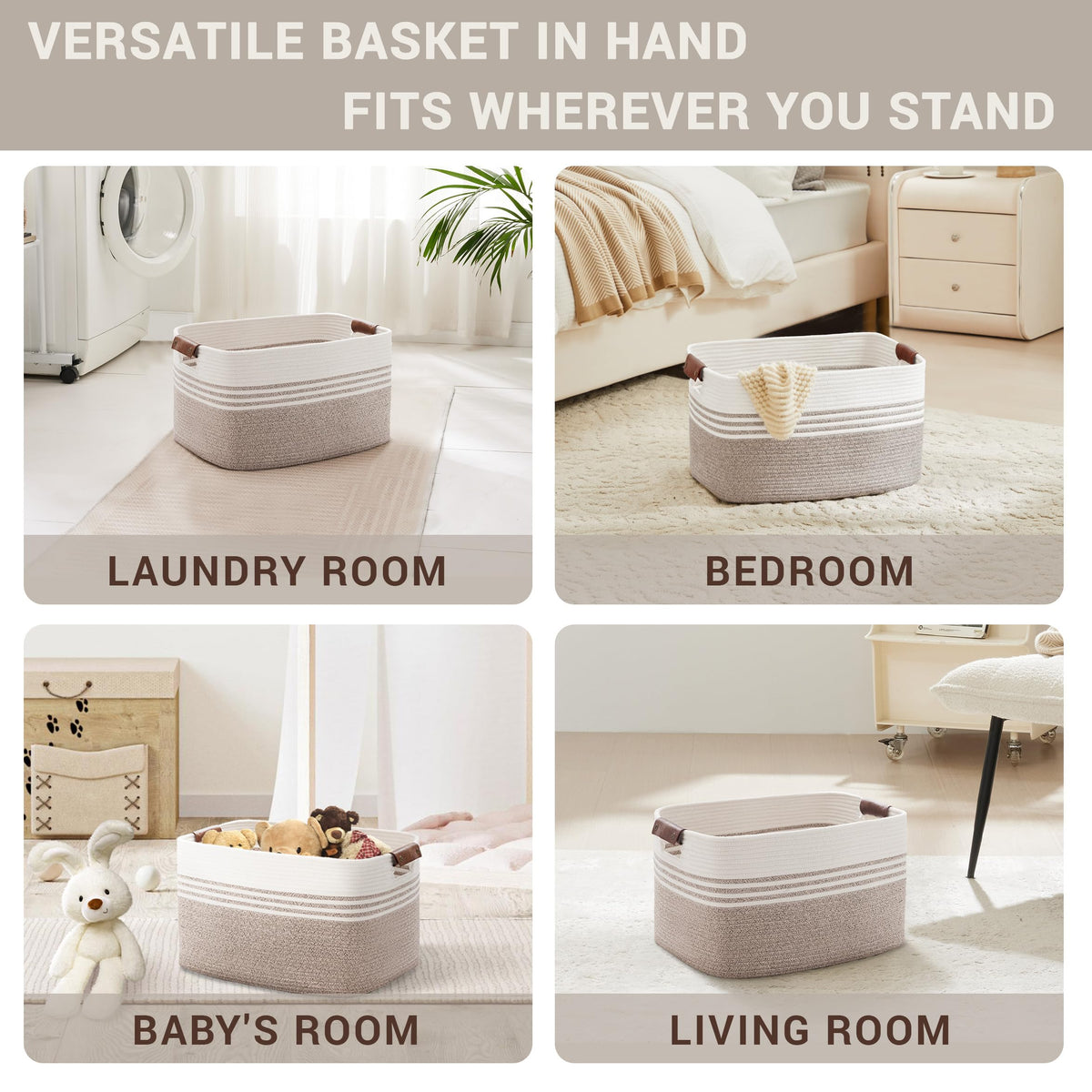 45L Small Woven Laundry Basket Hamper with Leather Handles - ModHome Supplies