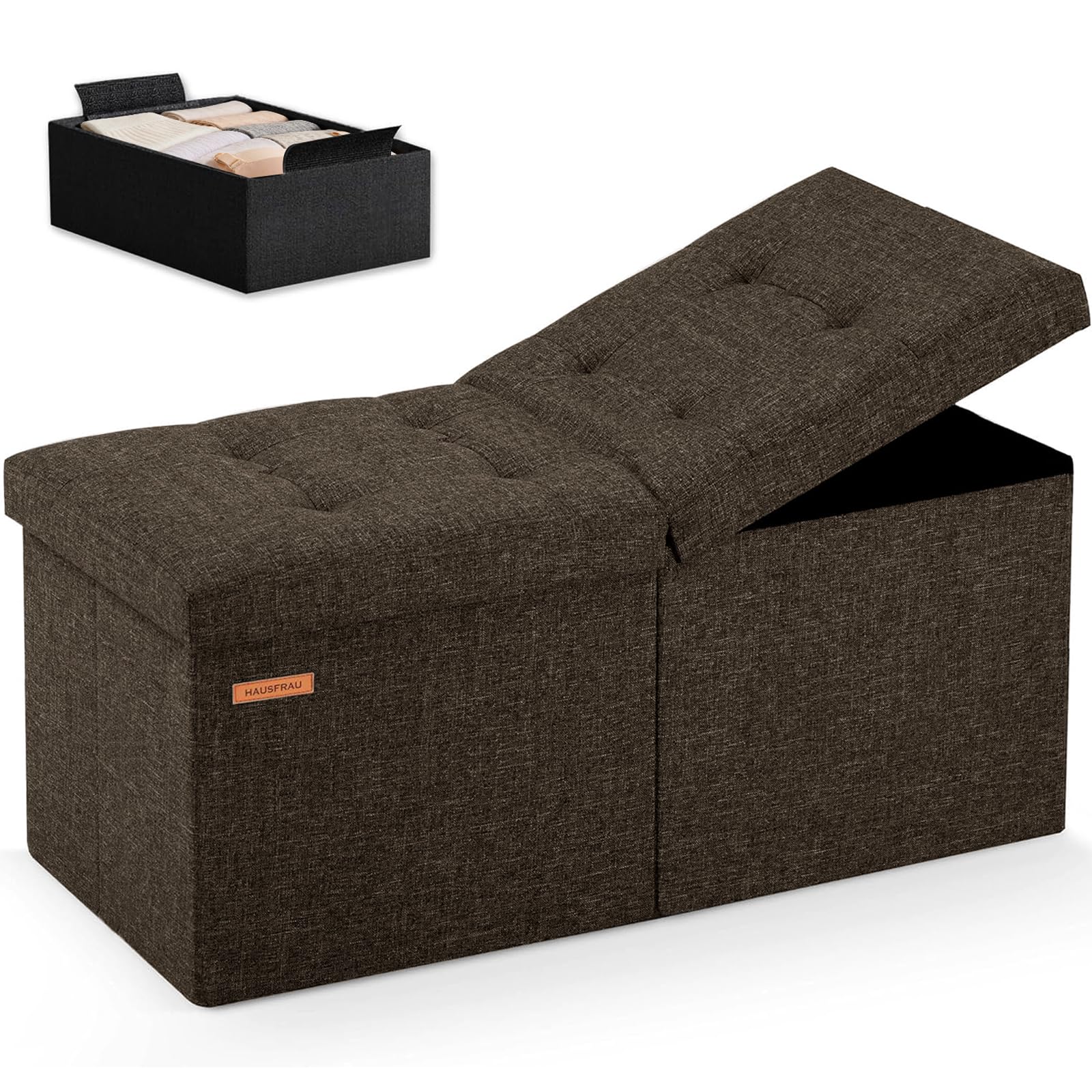 Ottoman with Storage Bench Folding Foot Rest Stool Linen Espresso