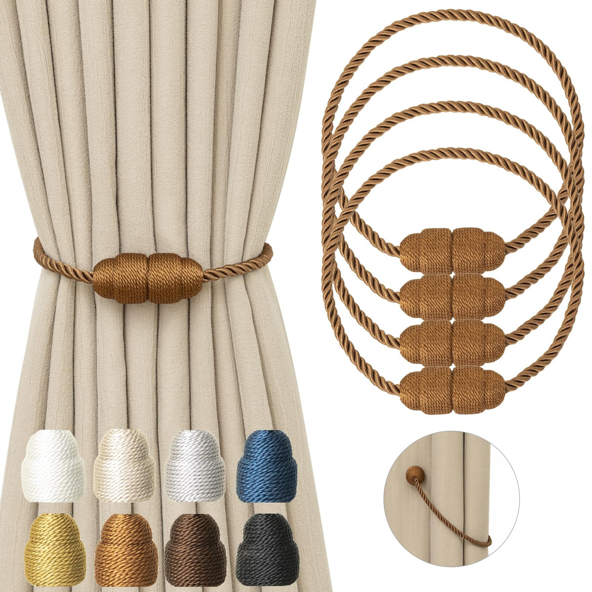 Magnetic Curtain Tiebacks Rope Curtain Tie Backs for Curtains 4 Pack Curtain Holders for Drapes Decorative Window Curtain Holdbacks