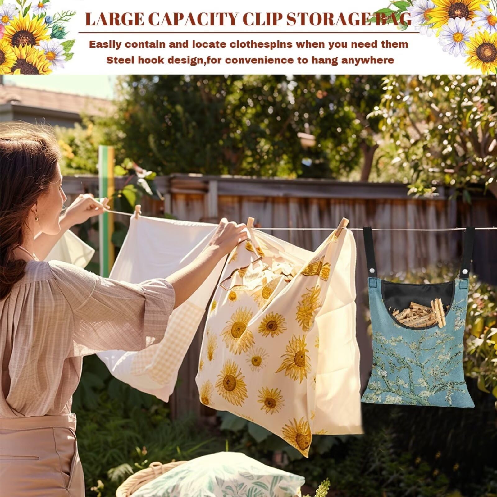 Almond Blossom Print Max Capacity Clothespin Storage Bag 14.5x12in
