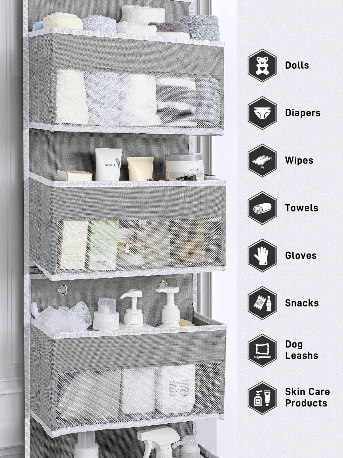 Over the Door Storage Organizer for Nursery Closet 6 Tier Grey