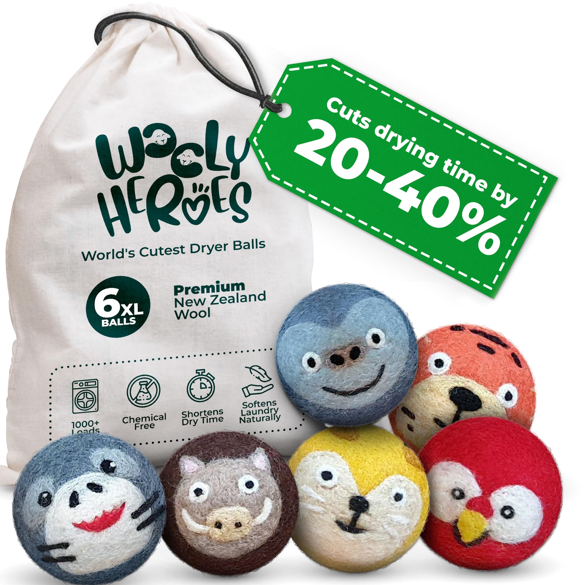 Chemical Free & Baby Safe! Reusable Wool Dryer Balls XL 6 (6 Count)