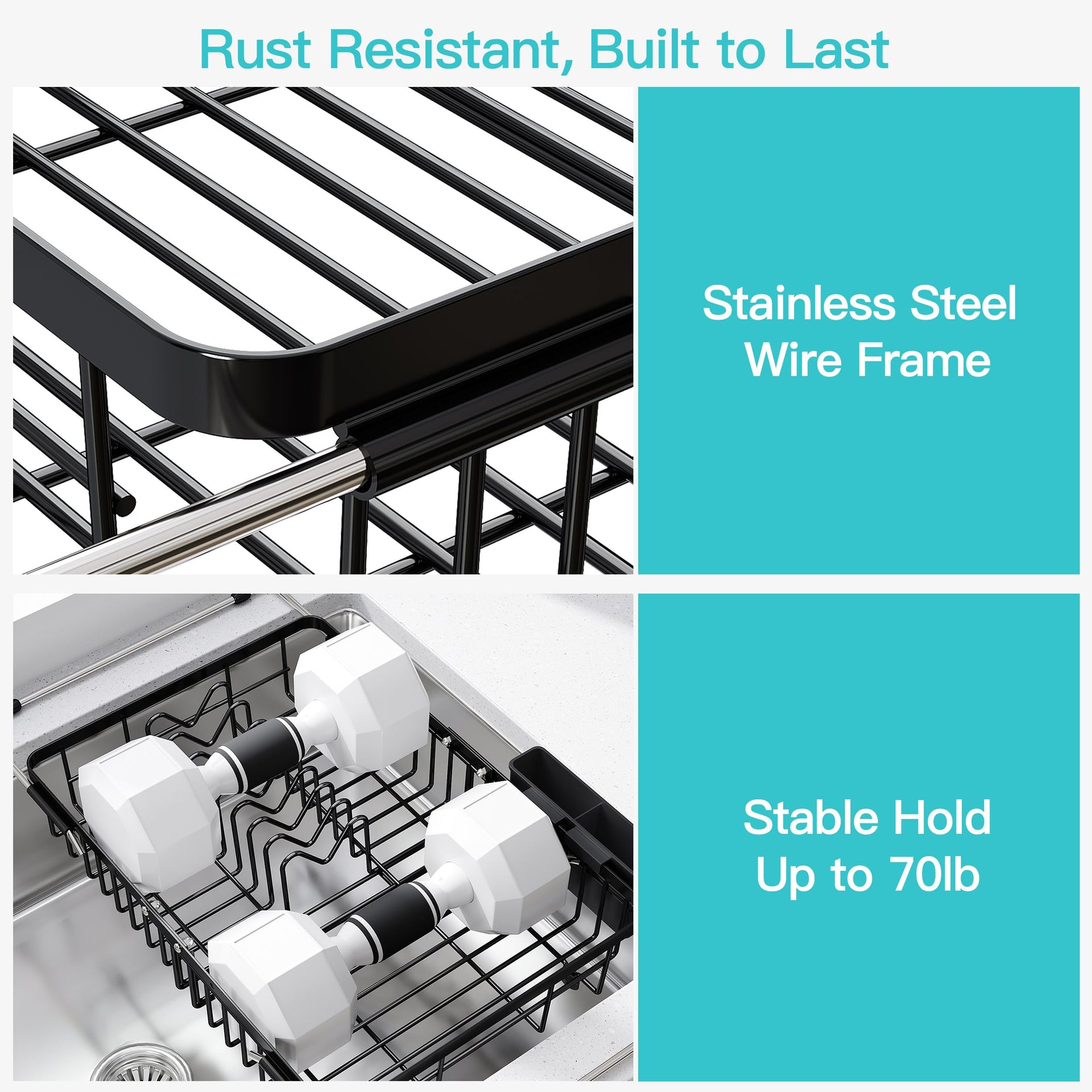 Black Dish Drying Rack Over the Sink with Utensil Holder