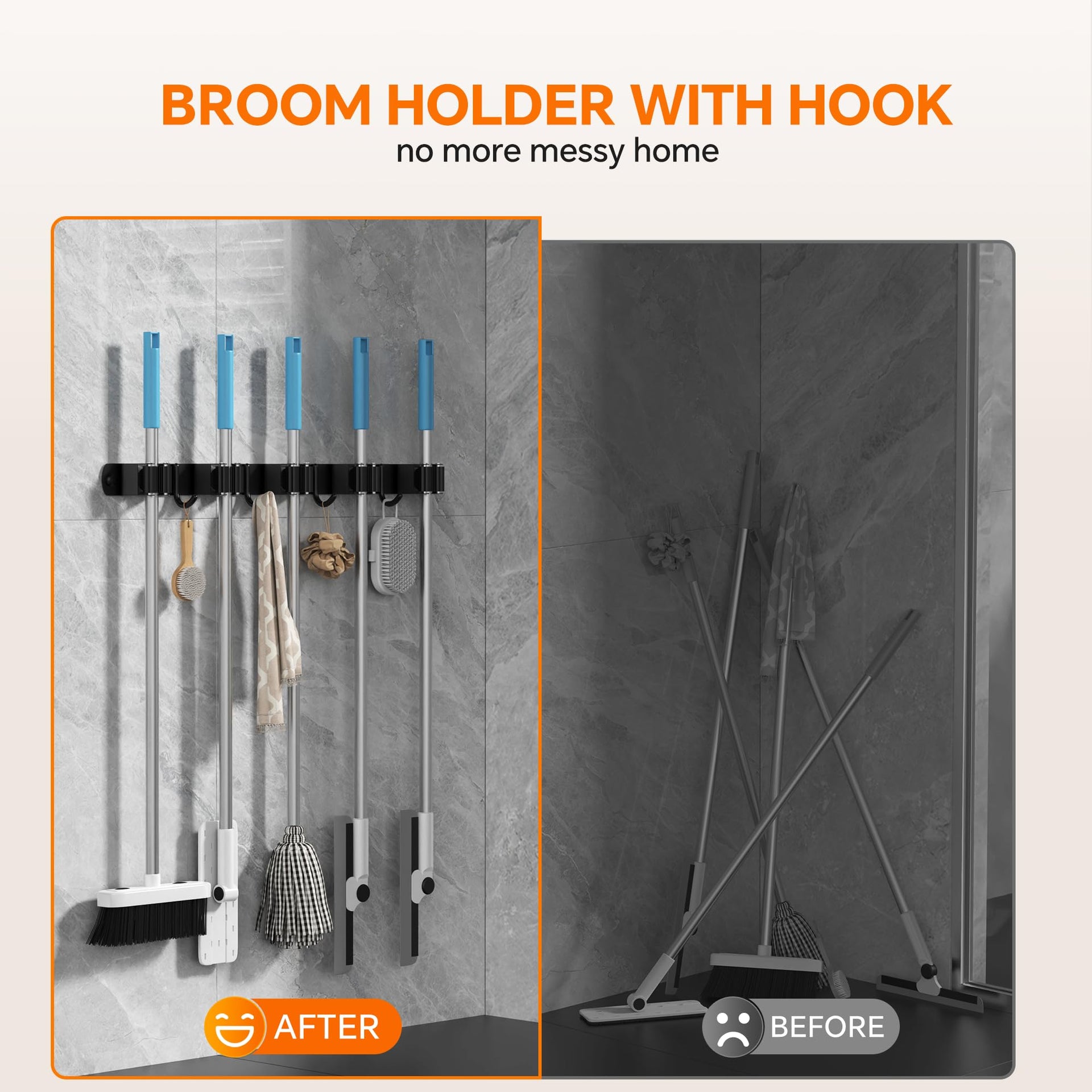5 Grippers Broom Holder Wall Mount with 4 Hooks Stainless Steel