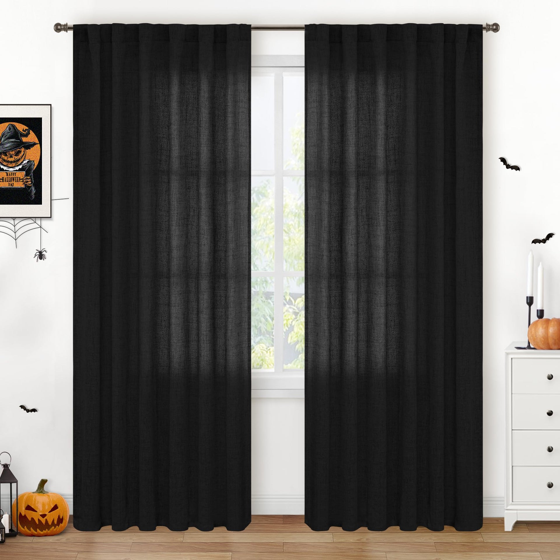 Black Linen Curtains 84 Inch Length Semi Sheer for Living Room (2 Count)