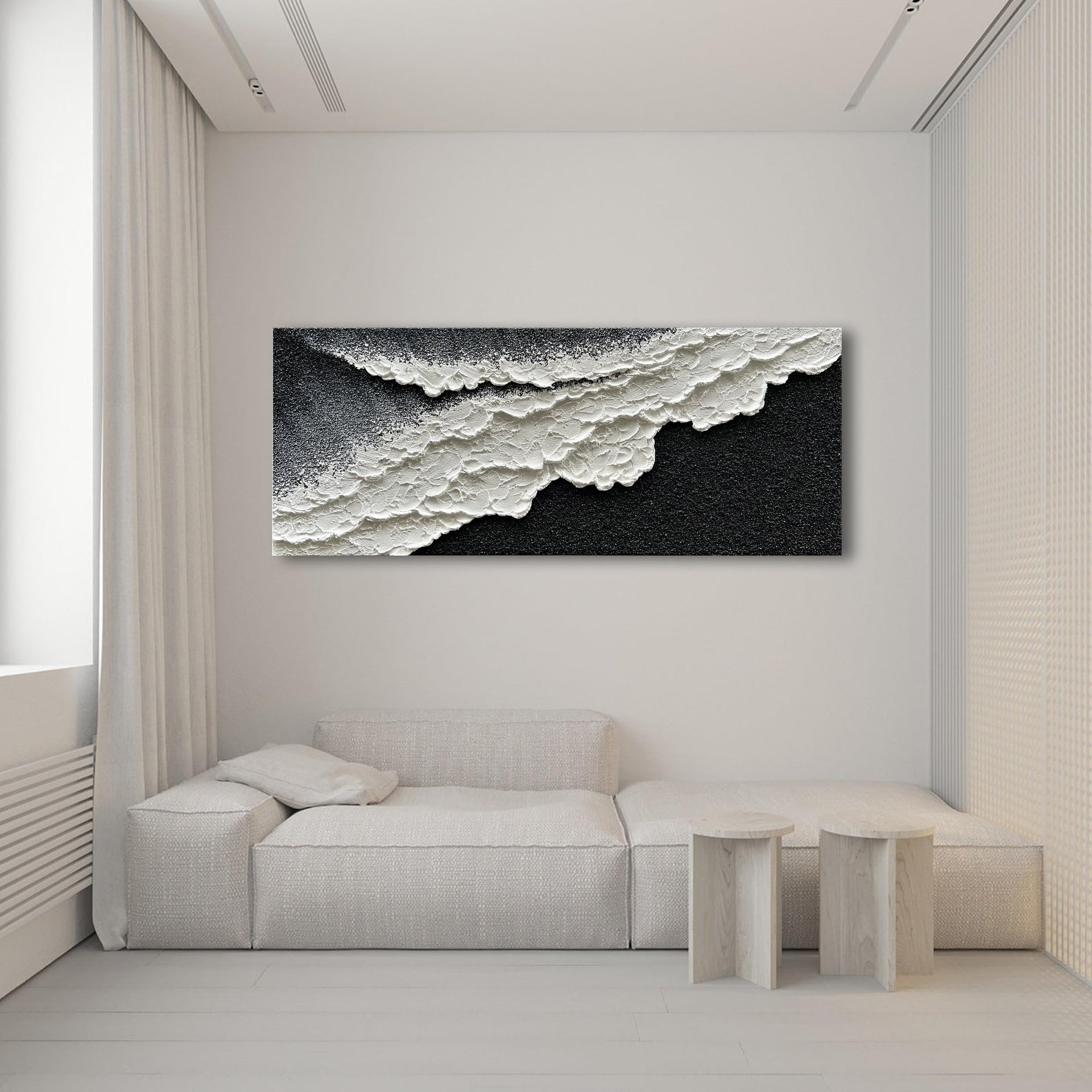 Hand Painted 3D Beach Wave Landscape Oil Painting Black and White Abstract Canvas Art Mural Family Wall Art Deco 24x60 inches
