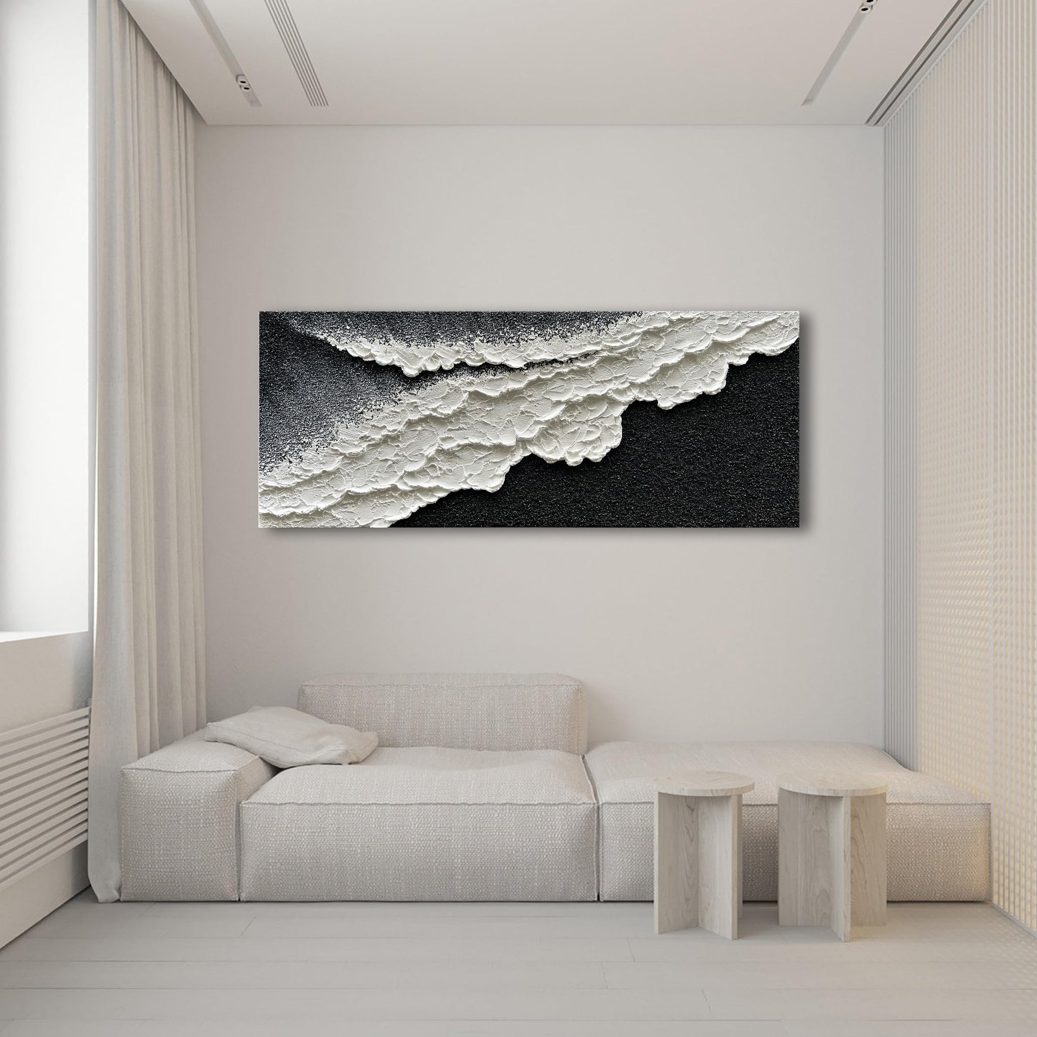 Hand Painted 3D Beach Wave Landscape Oil Painting Black and White Abstract Canvas Art Mural Family Wall Art Deco 24x60 inches