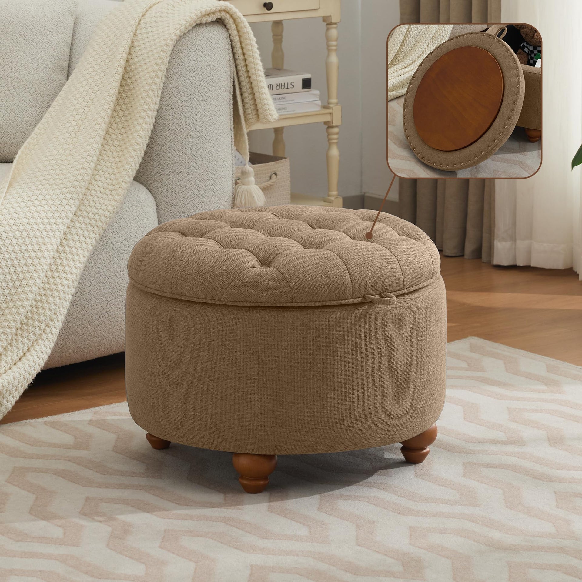 24Inch Round Storage Ottoman with Tray