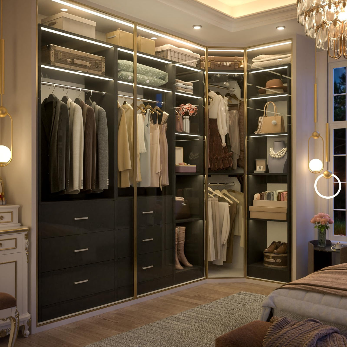 Corner Closet System with 6 Drawers