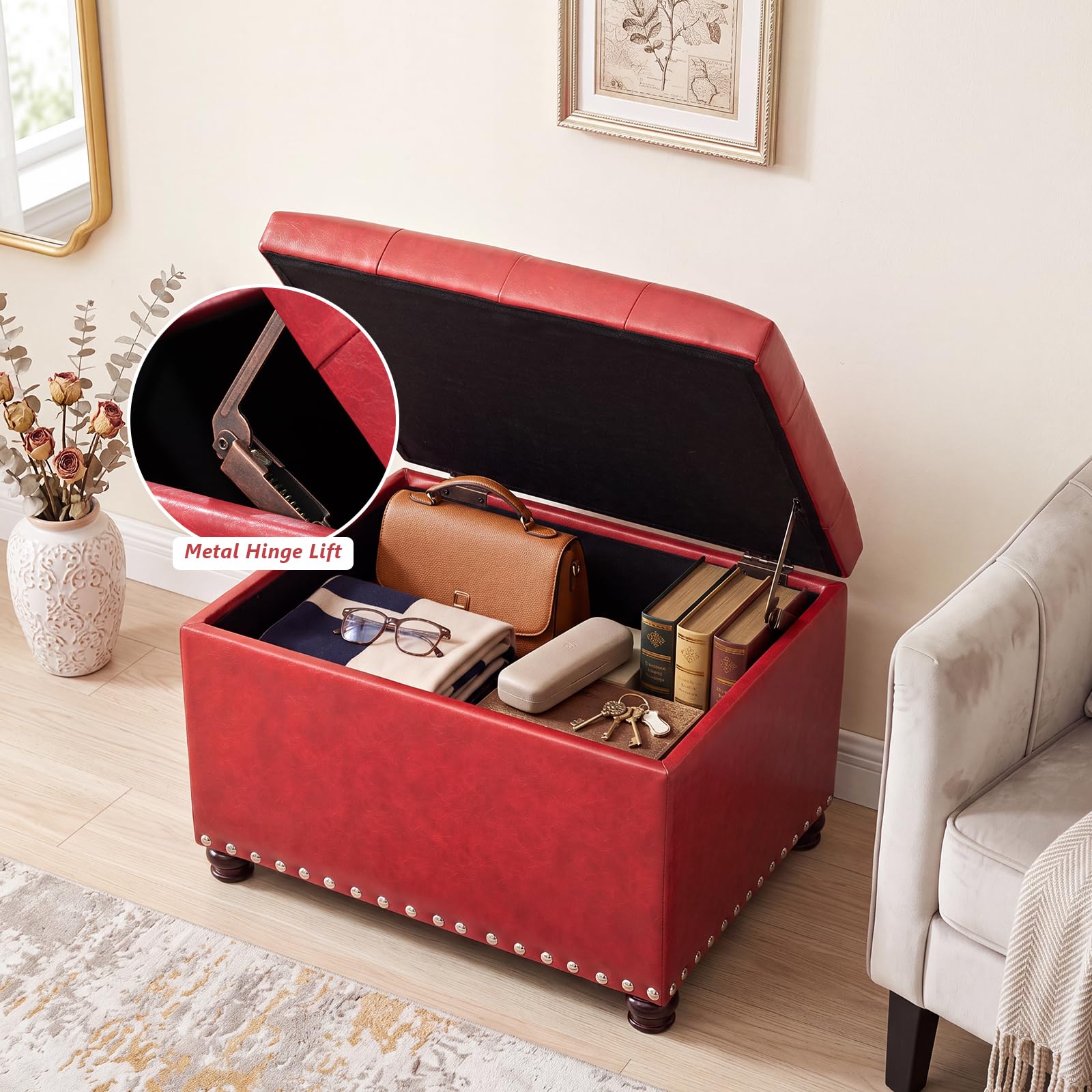 24'' Leather Storage Ottoman Rectangular Foot Rest Stool with Nailhead Trim for Bedroom Living Room
