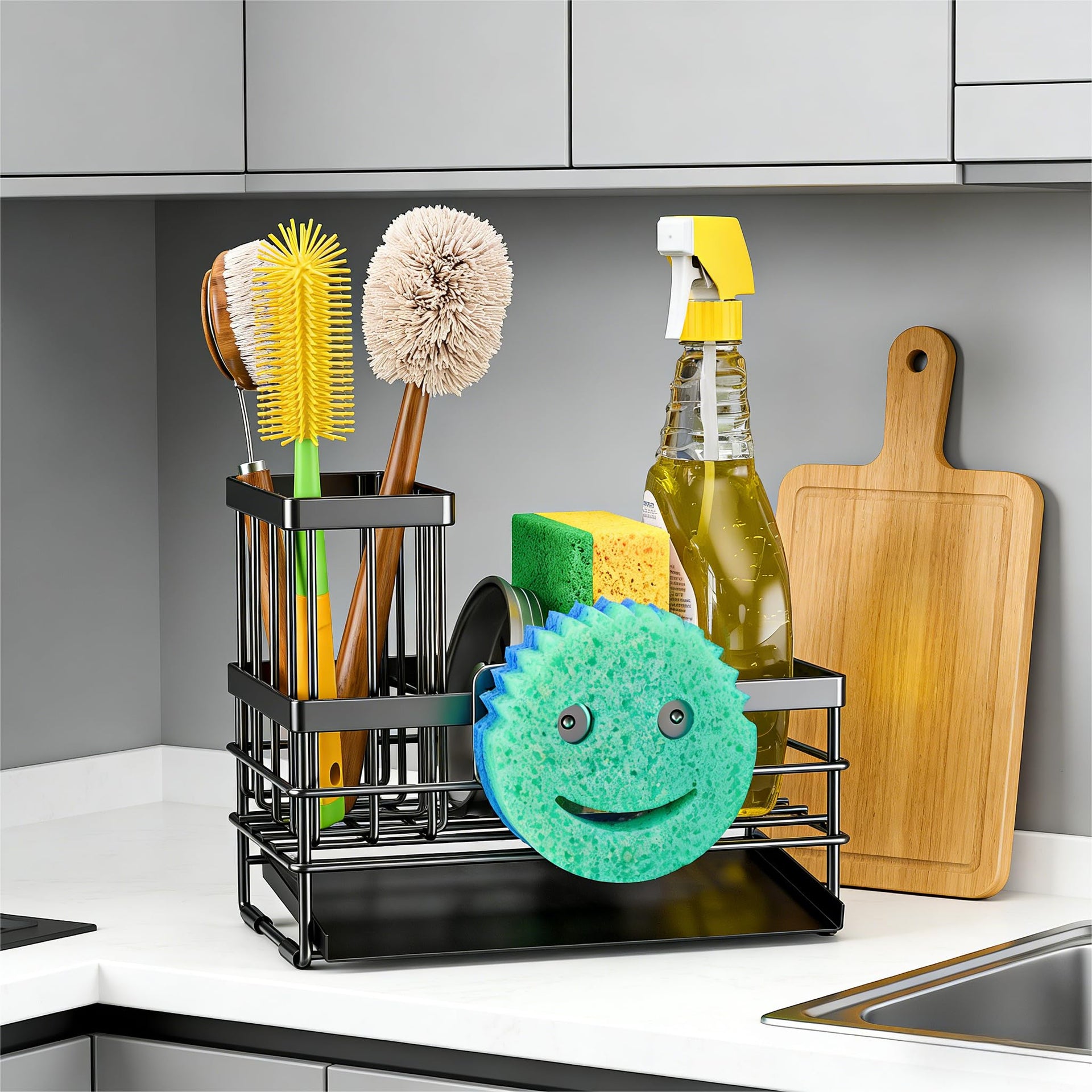 Sink Caddy Sponge Holder for Kitchen with Brush Holder and Stainless Steel Self Drain Tray