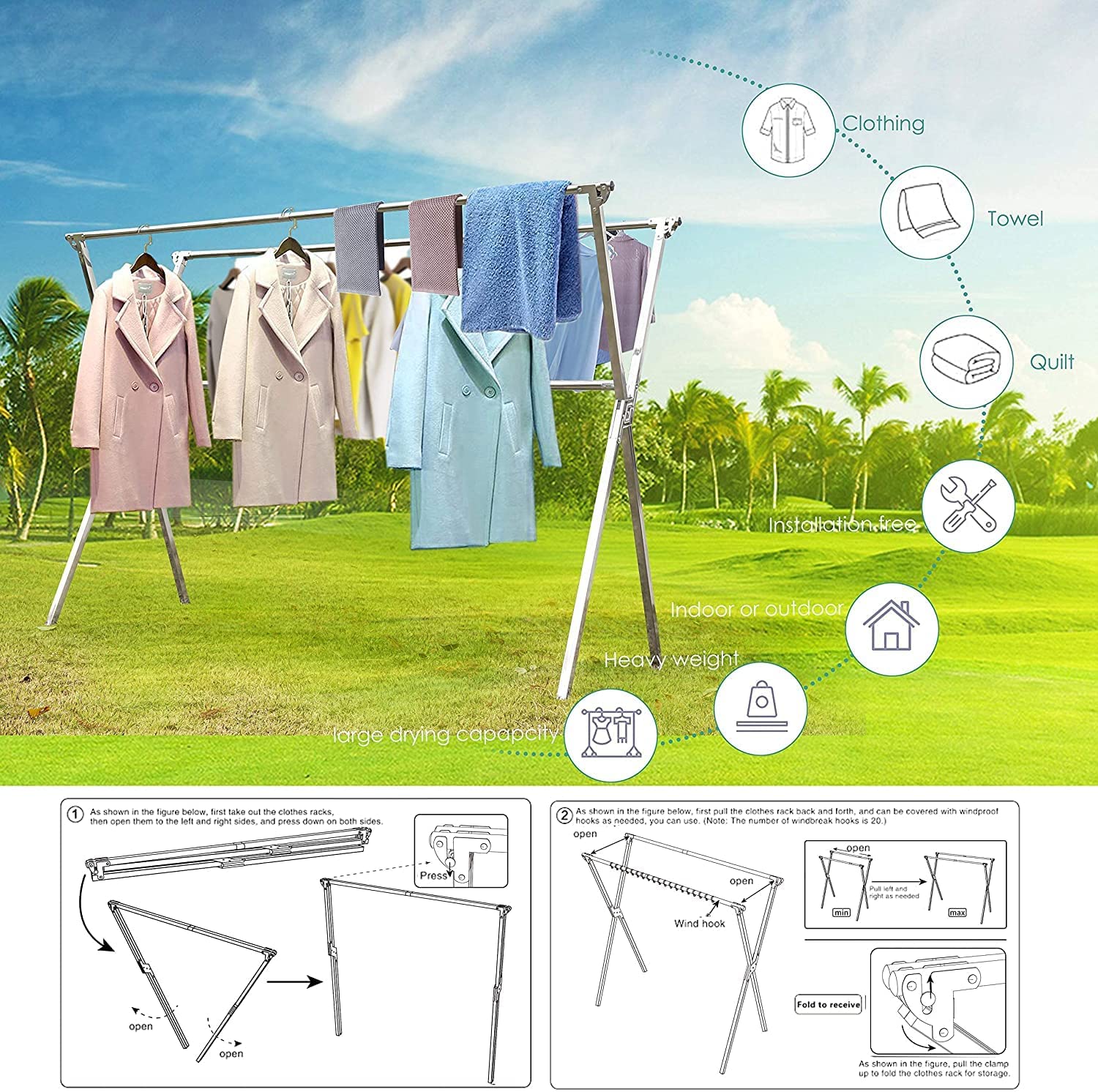Drying Racks Clothing for Outdoor with 20 Windproof Hooks