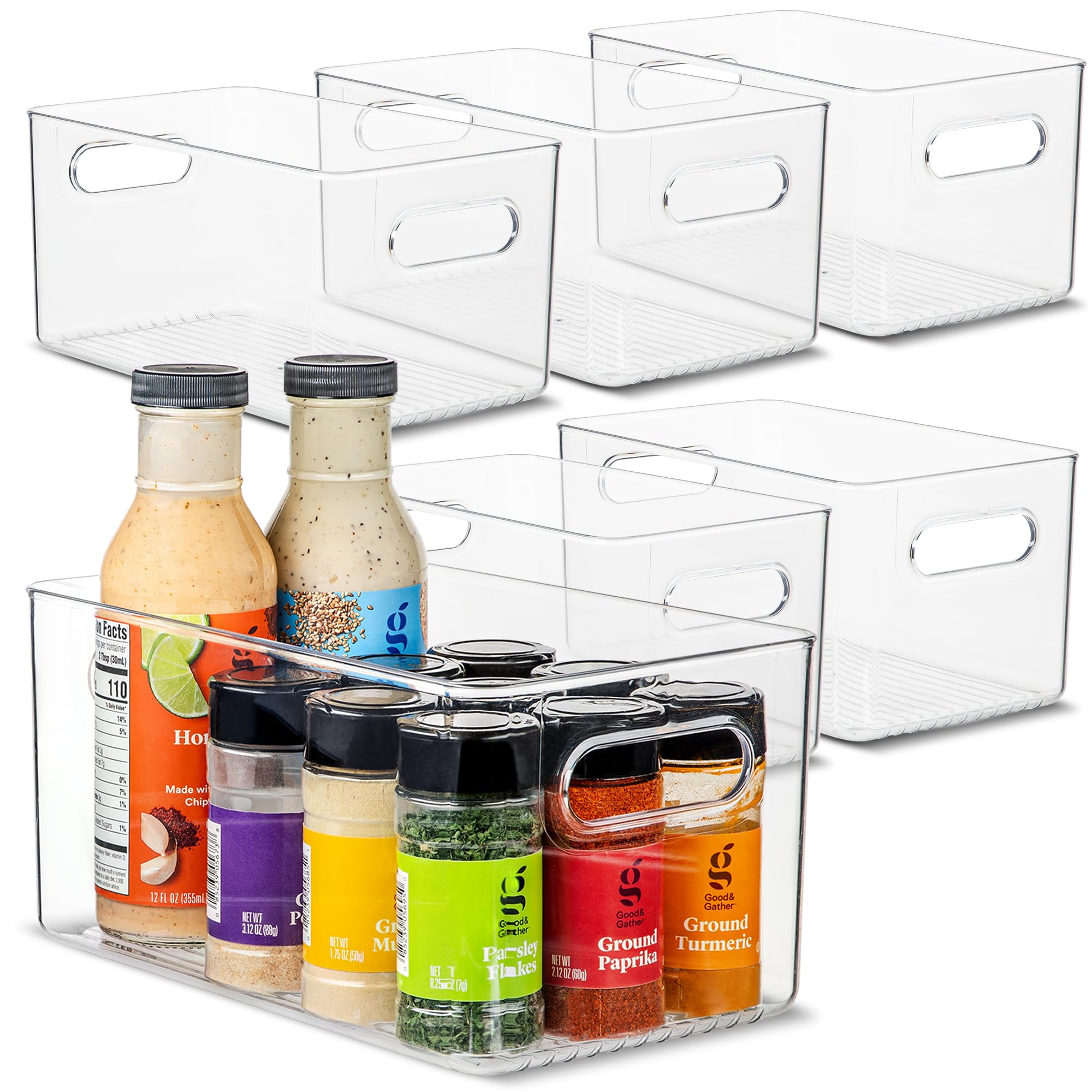 Plastic Food Storage 6 Pack Clear Container Bin with Handles for Organizing Kitchen (6 Count)