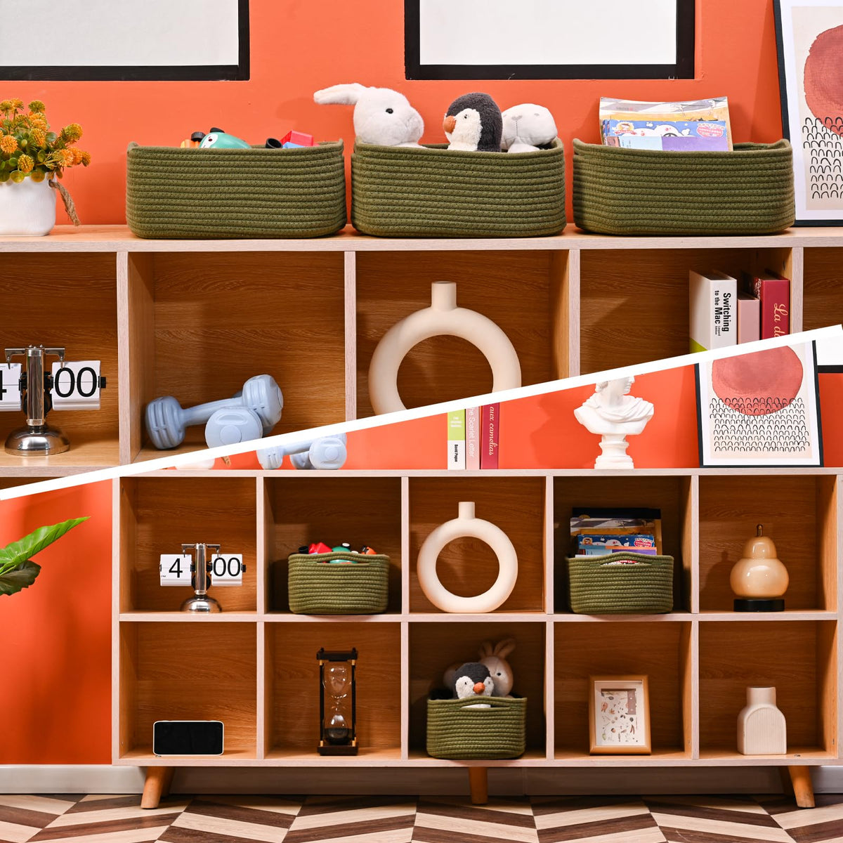 Small Green Storage Baskets for Organizing Shelves (3 Count)