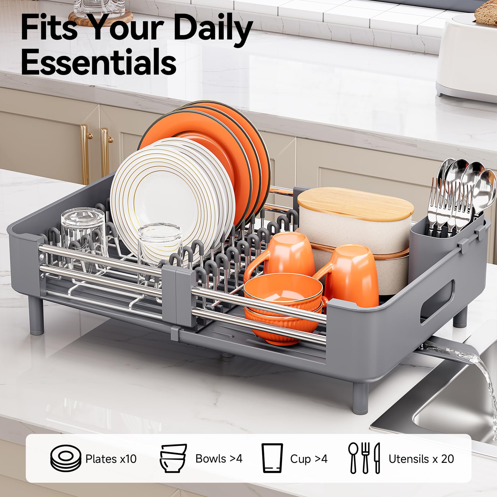 Extendable Stainless Dish Drying Rack for Kitchen Counter