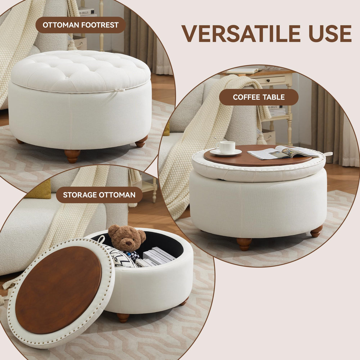 30Inch Round Storage Ottoman with Tray