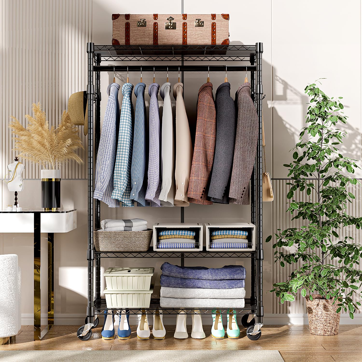 Heavy Duty Rolling Garment Rack 3 Tiers Adjustable Wire Shelving Clothes Rack with Rods and Side Hooks