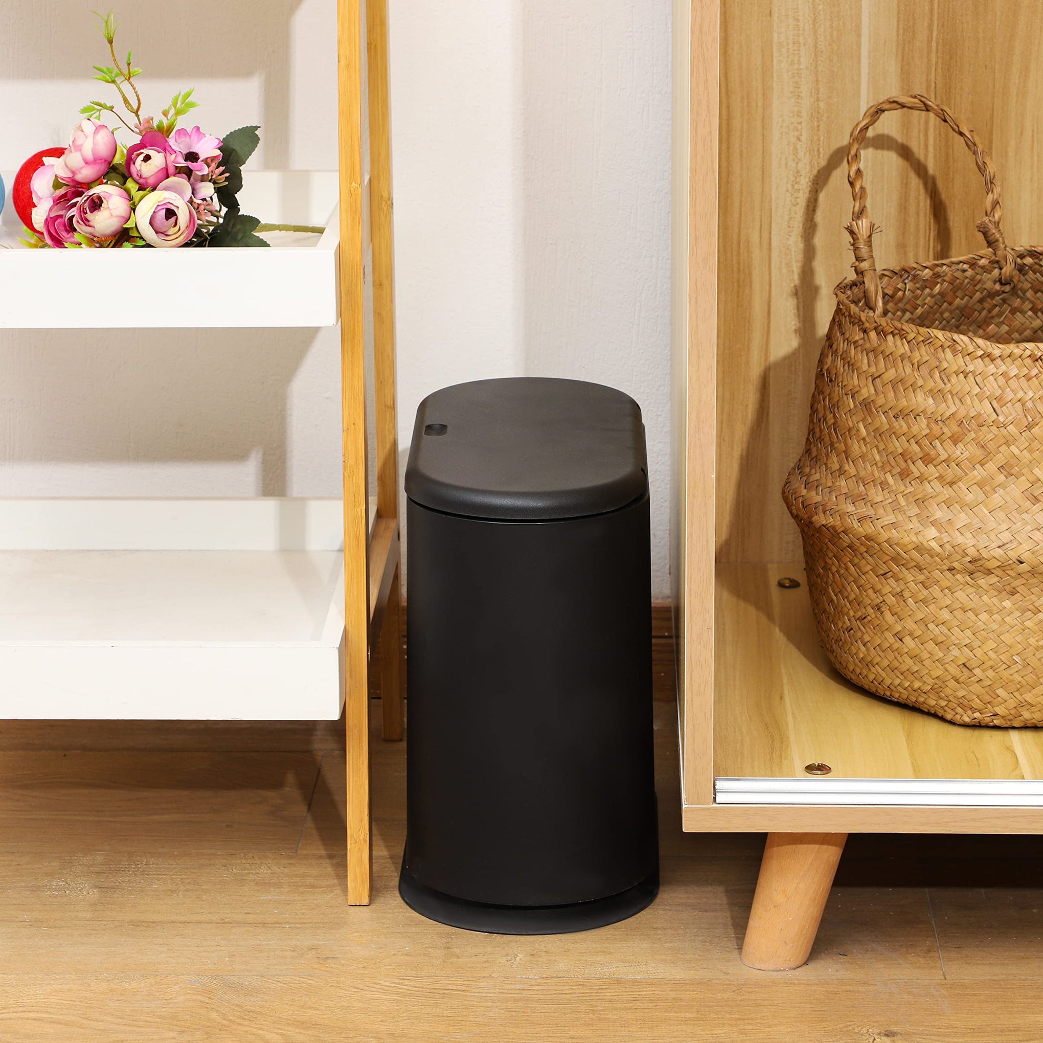 Black Slim Bathroom Trash Can with Press Top Lid