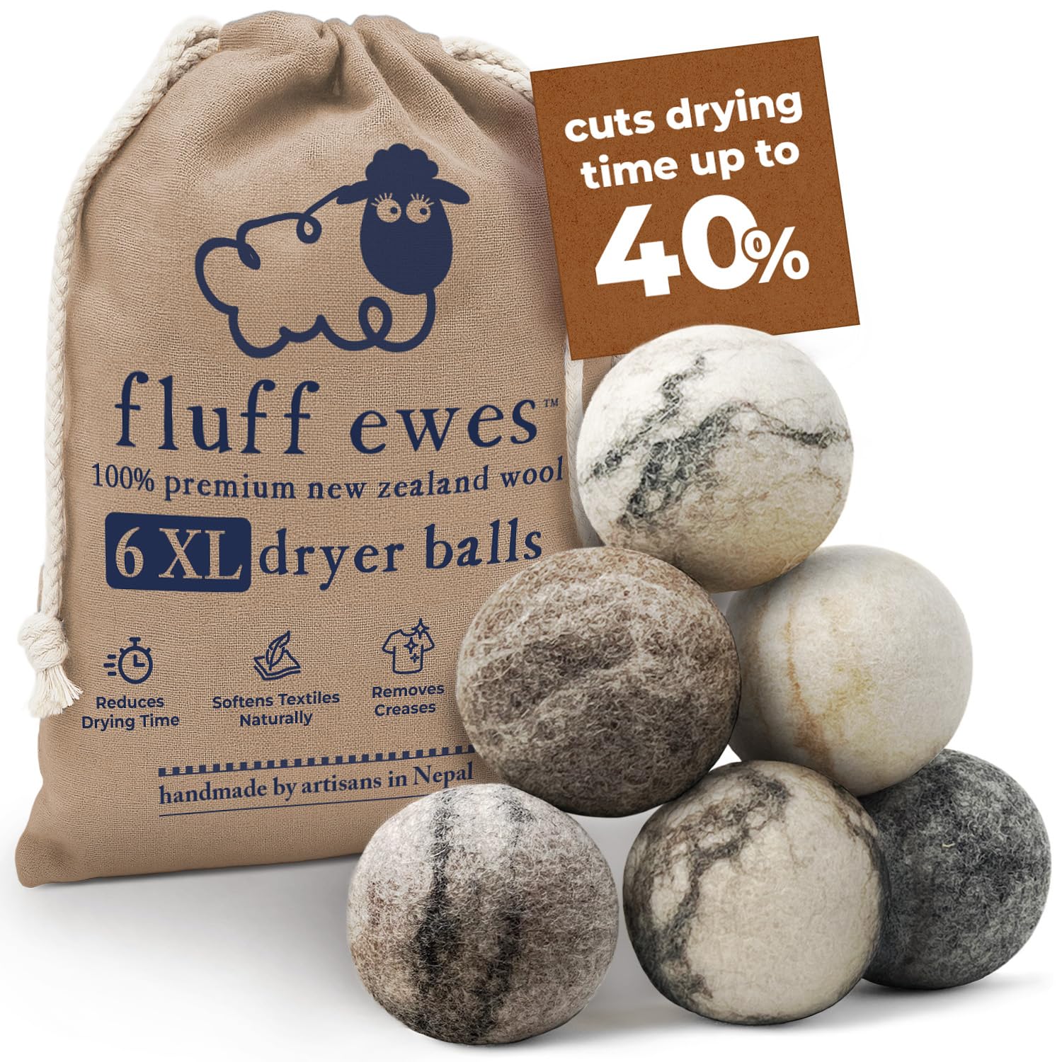 Fluff Ewes Wool Dryer Balls 6 Pack (6 Count)