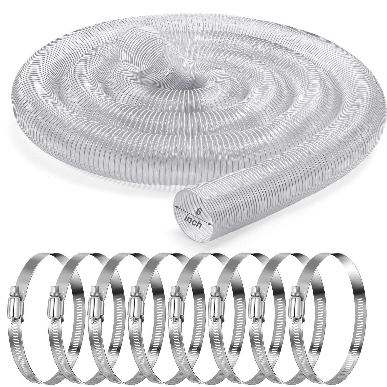 6 Inches 30 ft PVC Dust Collection Hose with Stainless Steel Clamps Set Flexible Clear Vacuum Puncture Resistant Fume Hose for Vacuums Cleaner Fume Dust Collection System