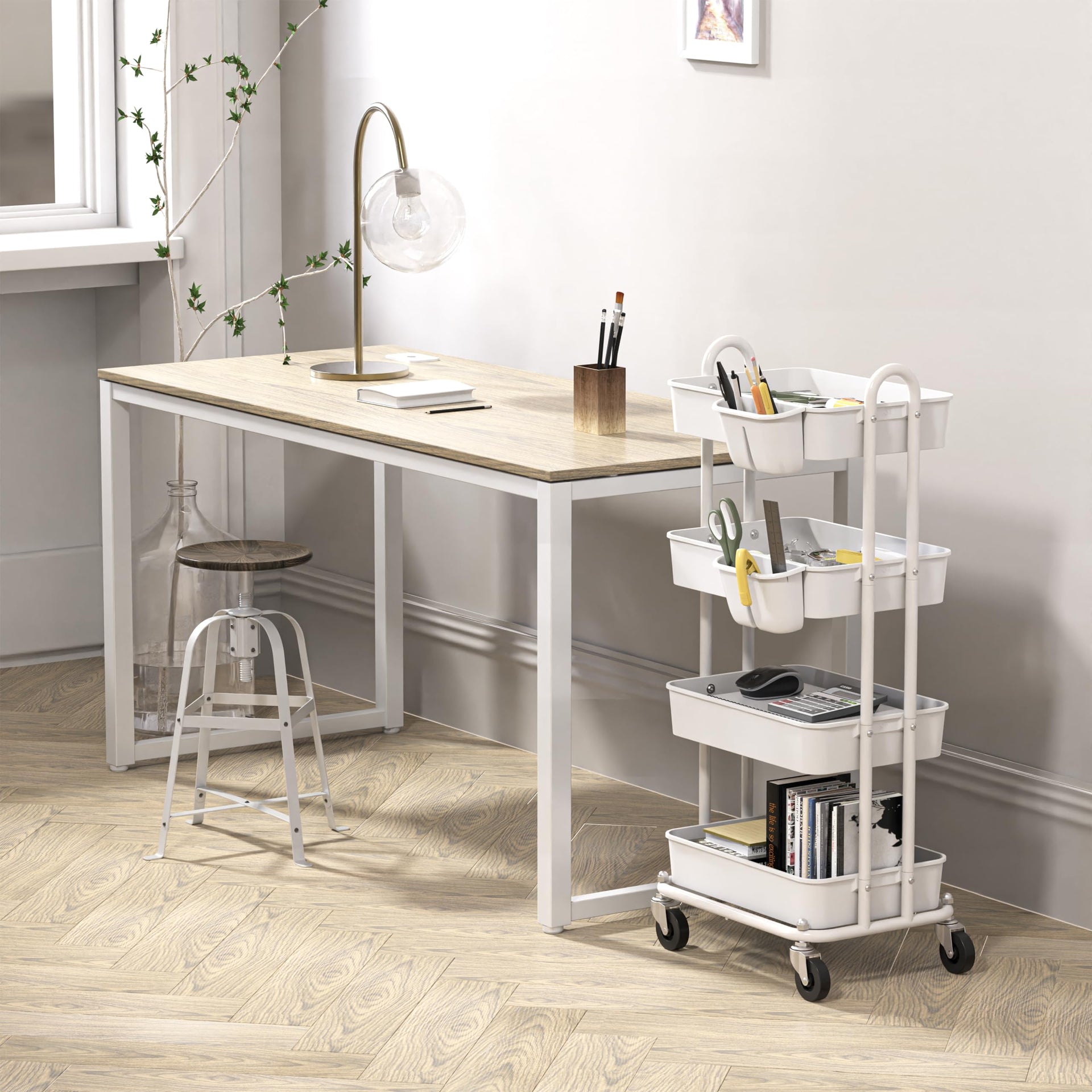 4 Tier Rolling Utility Cart with Hanging Bucket