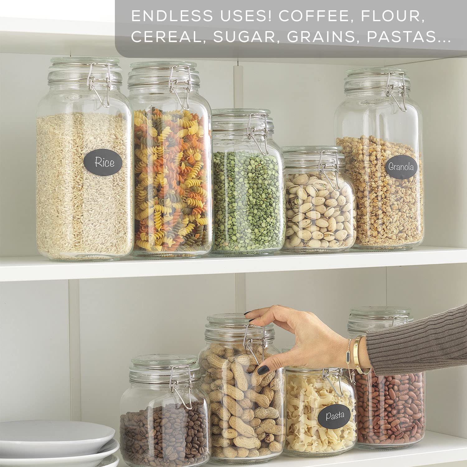 Airtight Glass Jars with Lids Set of 3. 32oz Glass Jar with Lid and 6 Silicone Seals! Med Glass Food Storage Containers. Square Mason Jar (3 Count)