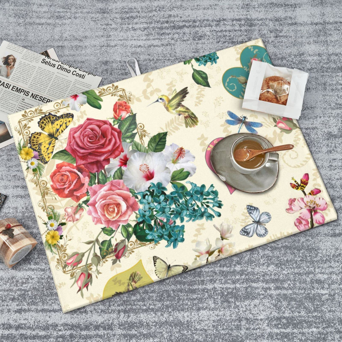 Beautiful Boho Flowers Dish Drying Mat For Kitchen Counter 18 X 24 Inch Absorbent Reversible Drainer