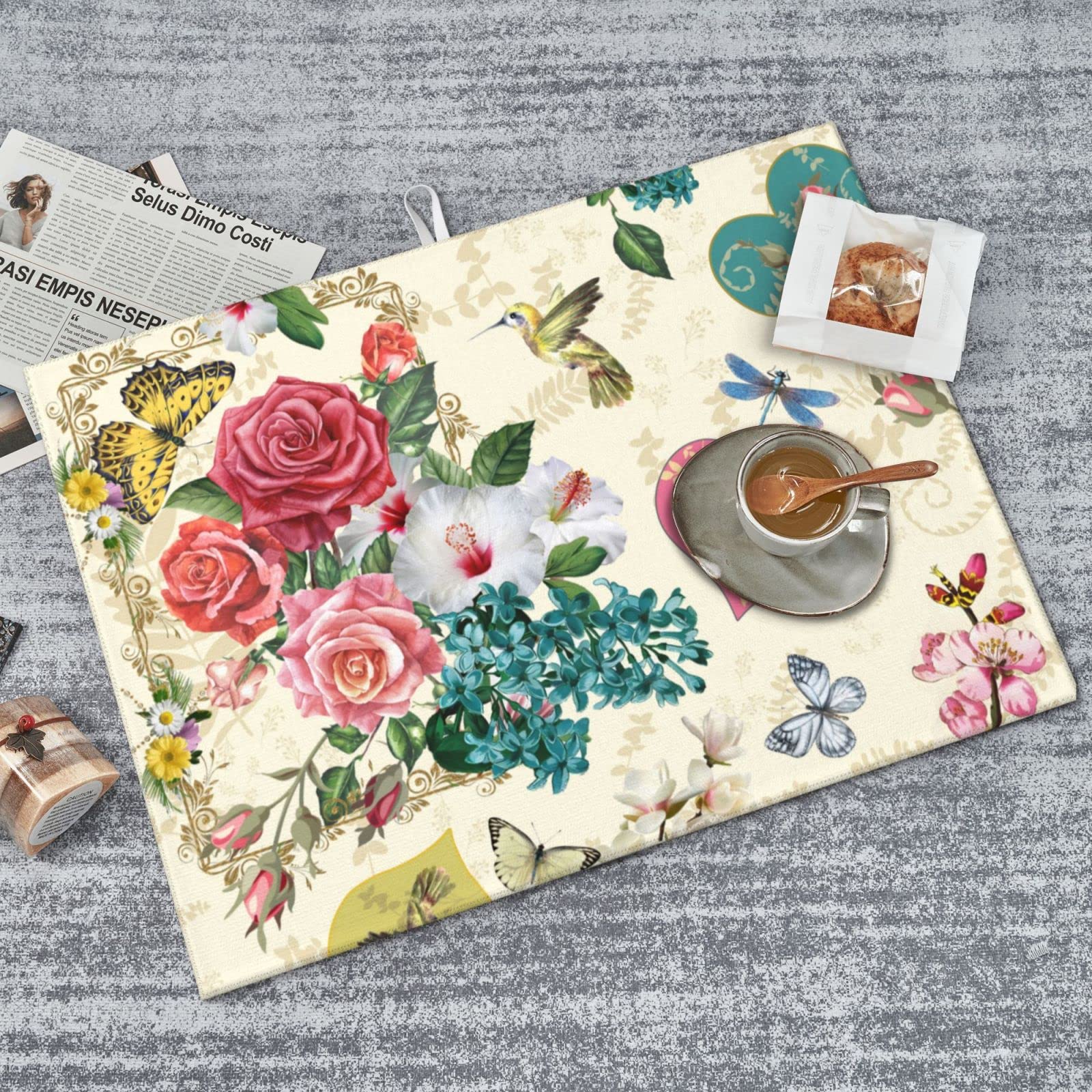 Beautiful Boho Flowers Dish Drying Mat For Kitchen Counter 18 X 24 Inch Absorbent Reversible Drainer