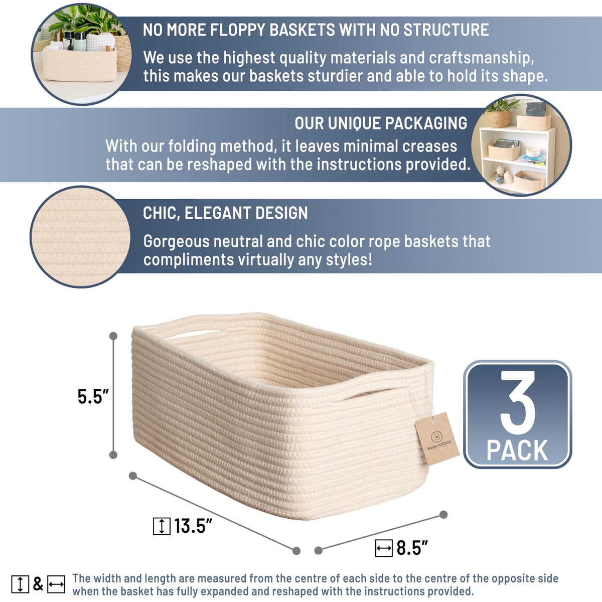 13.5”x8.5”x5.5” Storage Baskets for Shelves 3 Pack (3 Count)