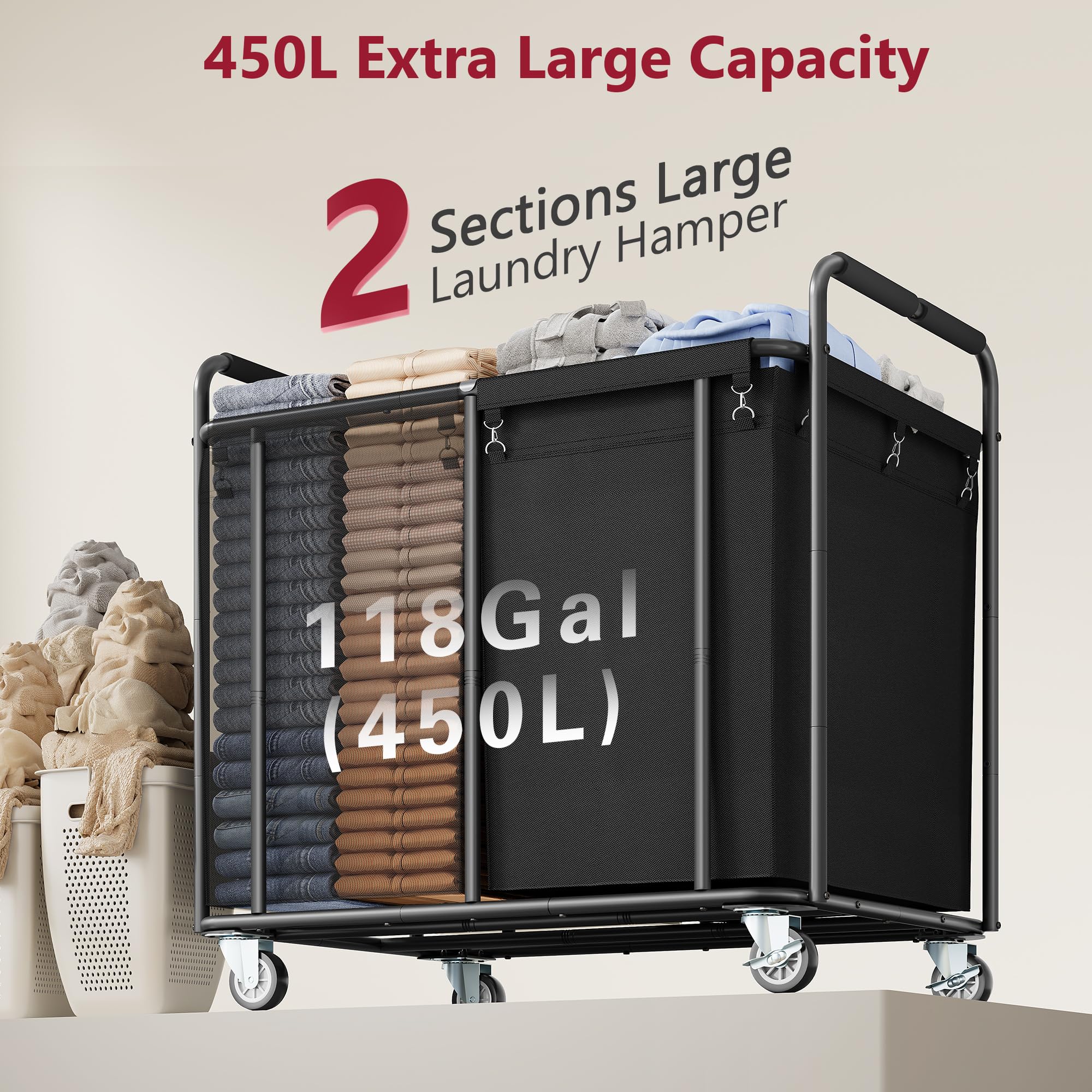 2 Section Heavy Duty Laundry Sorter Cart with Wheels 450L