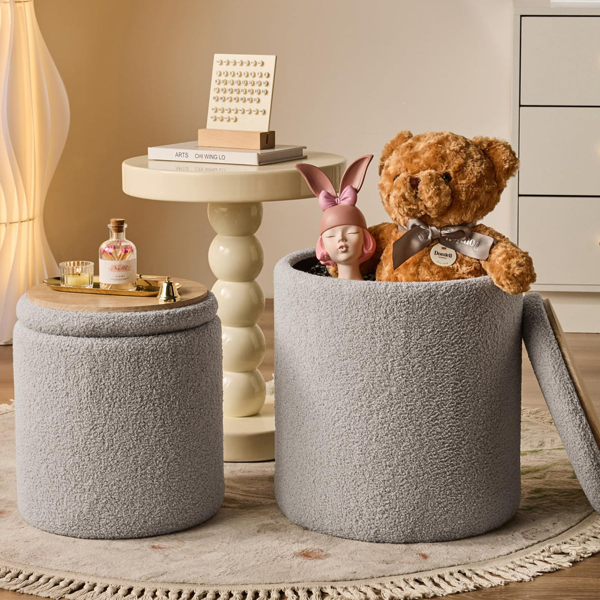 Round Ottoman with Storage Set of 2 Gray Sherpa Vanity Stool (2 Count)