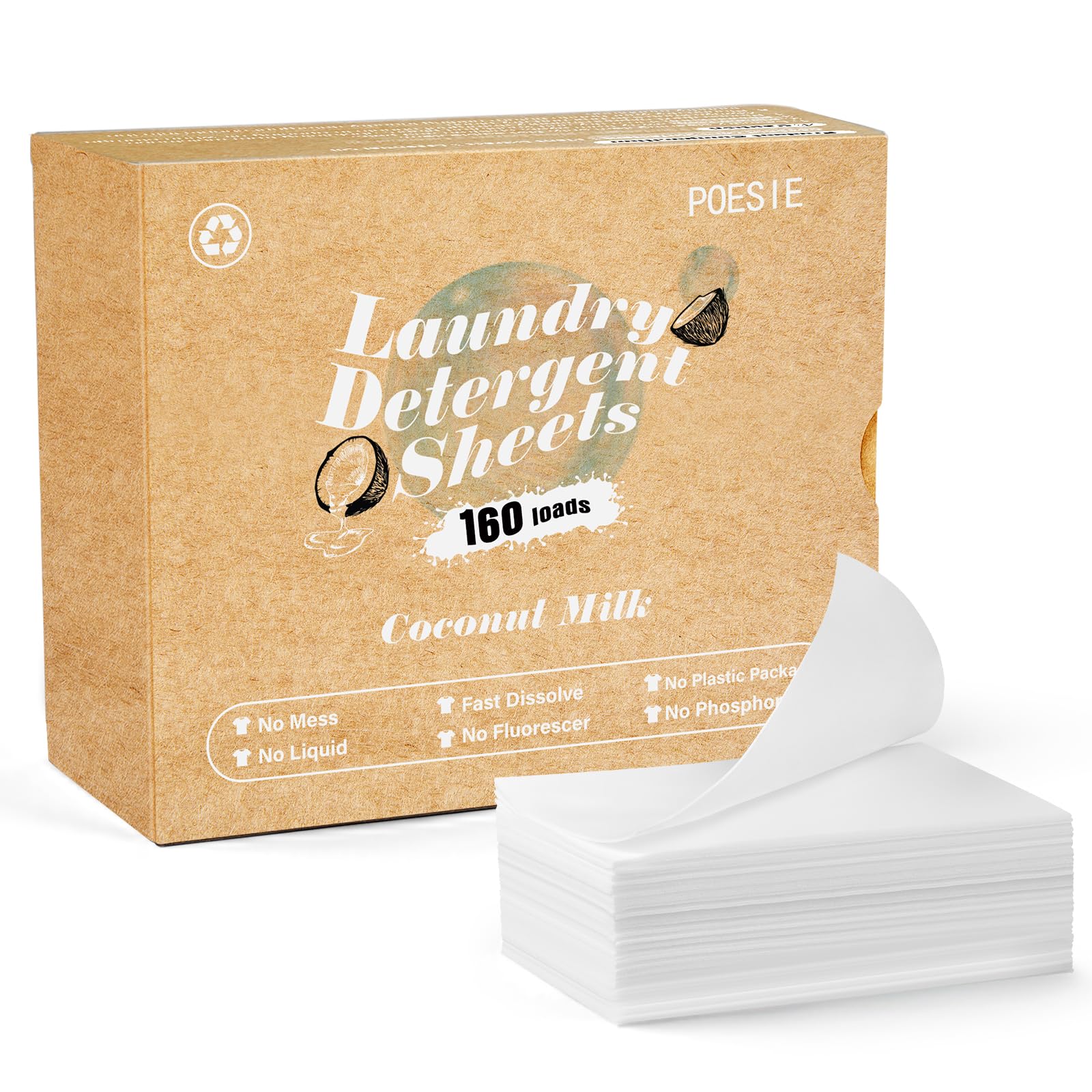 Laundry Detergent Sheets Coconut Milk Scent 160 Count Non Plastic Jugs Portable Laundry Soap Sheet for Clothes Washing Indoor and Outdoor Essentials