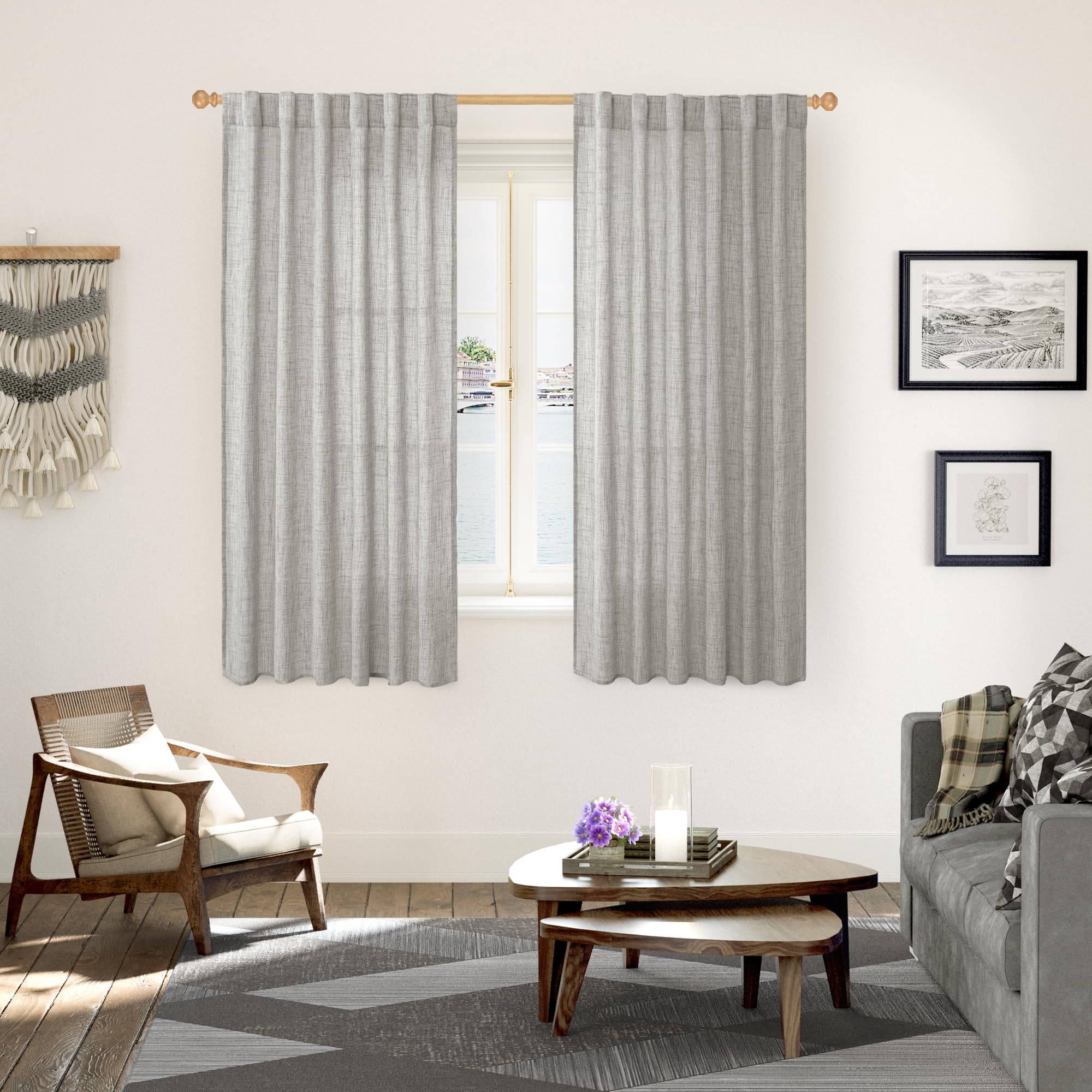 Dark Grey Linen Semi Sheer Curtains 52X63 Inch Length for Living Room (2 Count)