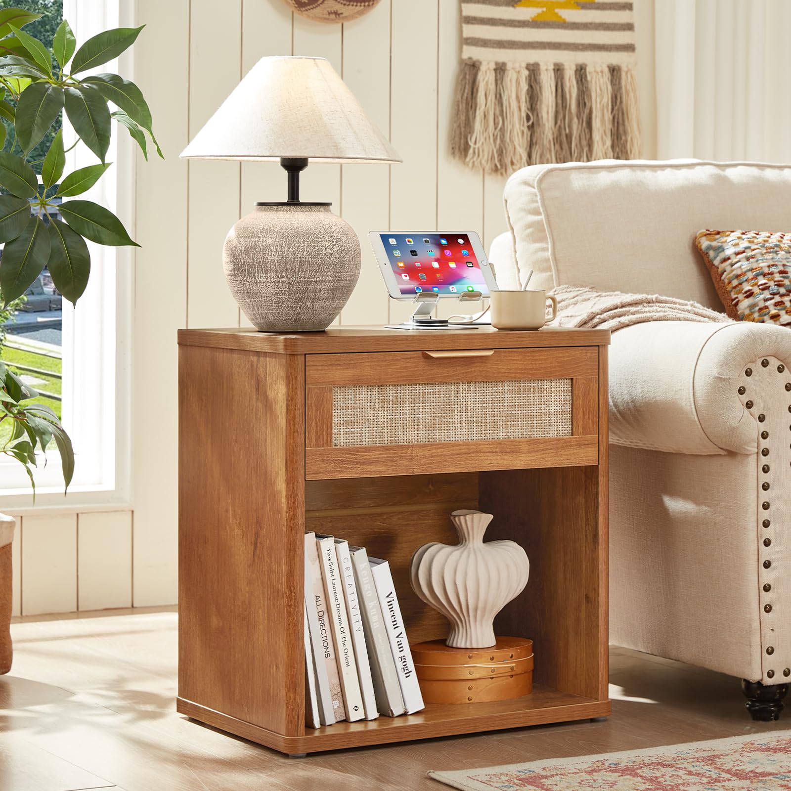 Rattan Nightstand with Charging Station