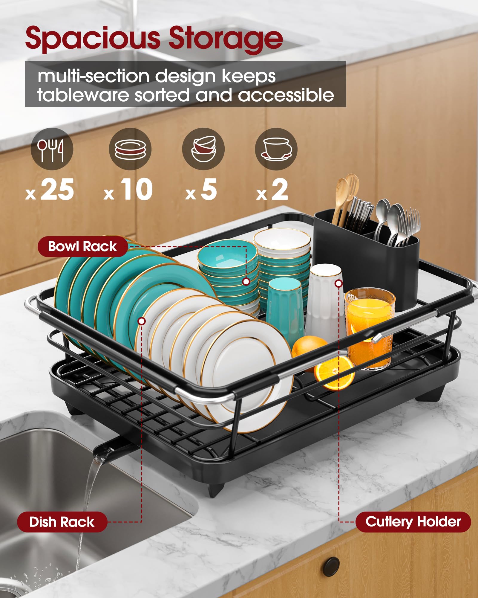 Extendable Dish Drying Rack Over Sink with Dish Drainer