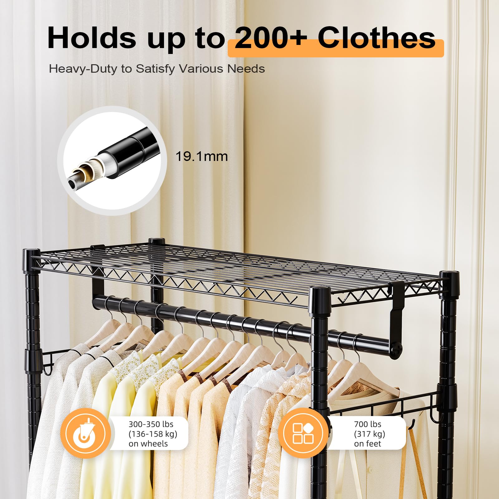 Heavy Duty Rolling Garment Rack 3 Tiers Adjustable Wire Shelving Clothes Rack with 2 Rods and Side Hooks