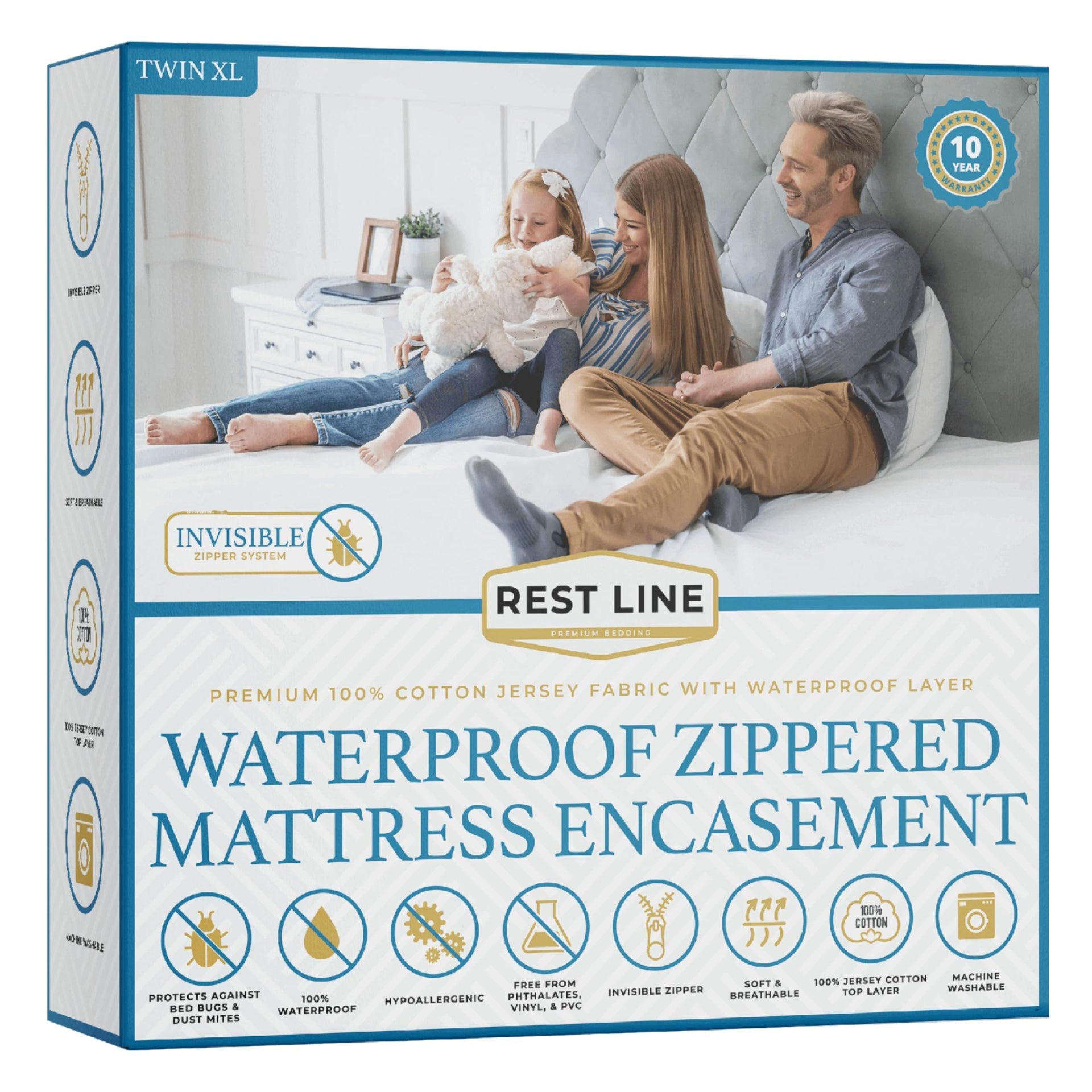 Rest Line 100% Cotton Waterproof Zippered Mattress Encasement