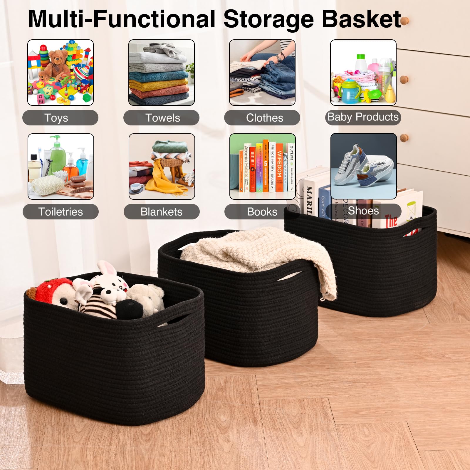 Black Storage Baskets for Organizing Shelves (3 Count)