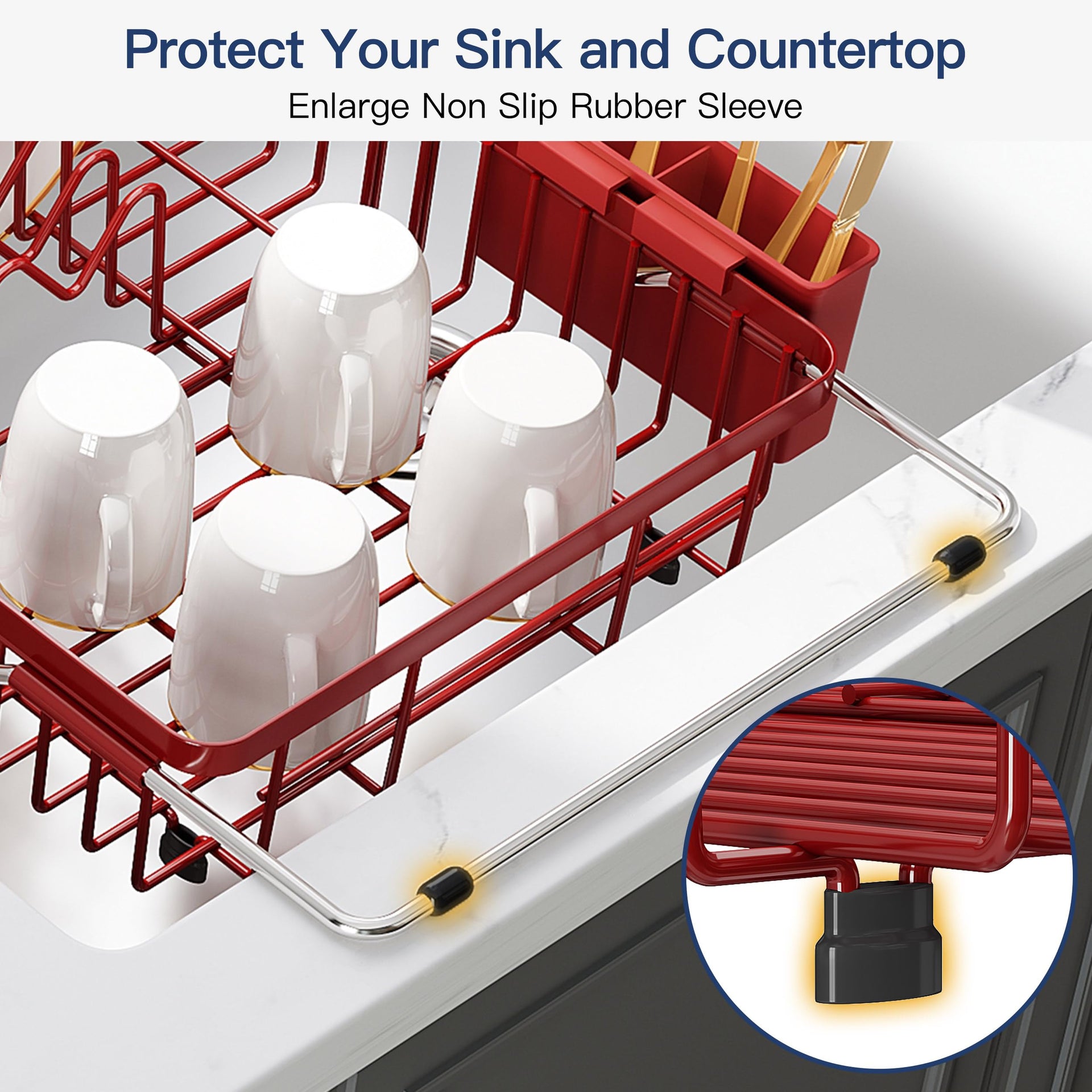 Red Dish Drying Rack Over the Sink with Utensil Holder