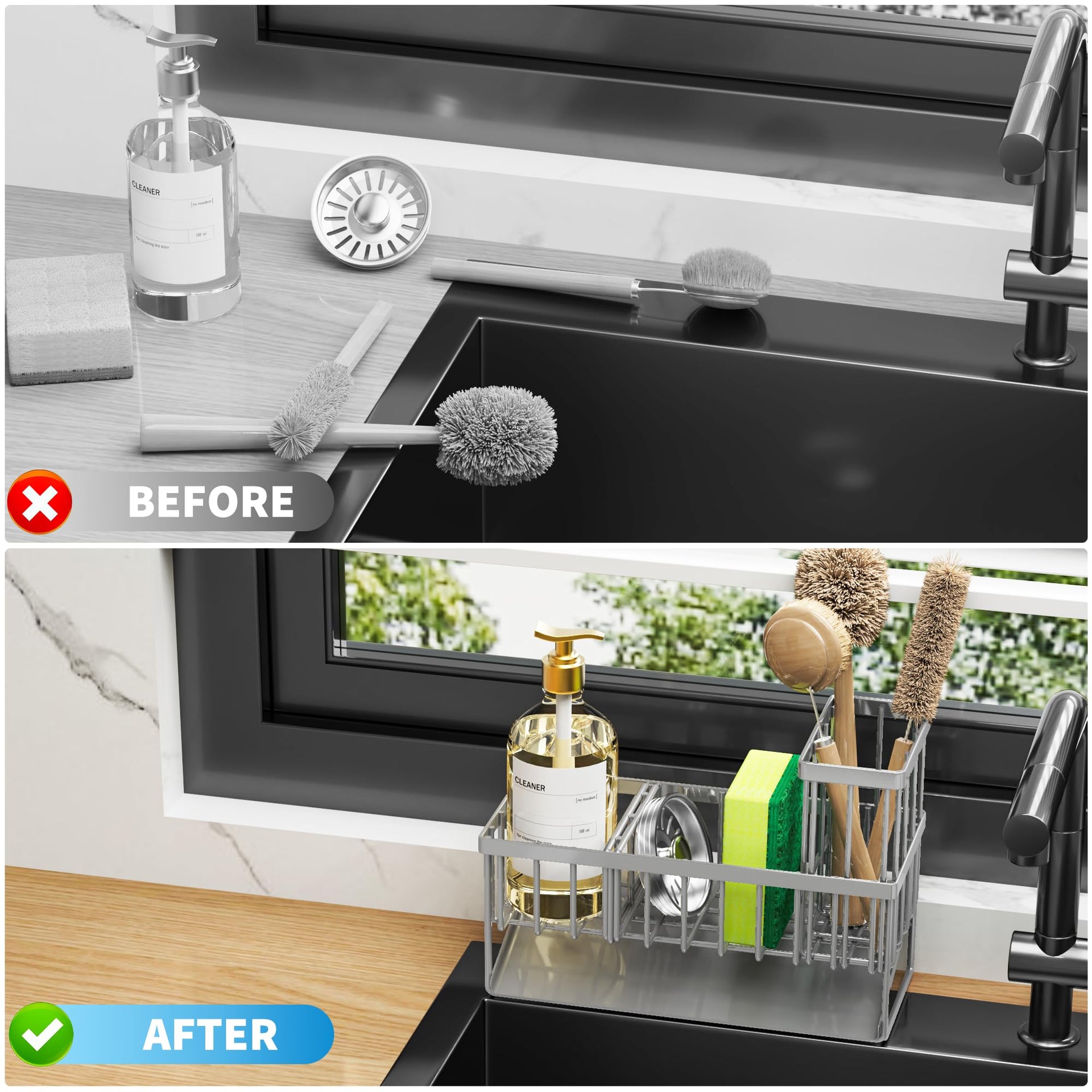 Sink Caddy Organzier with High Brush Holder