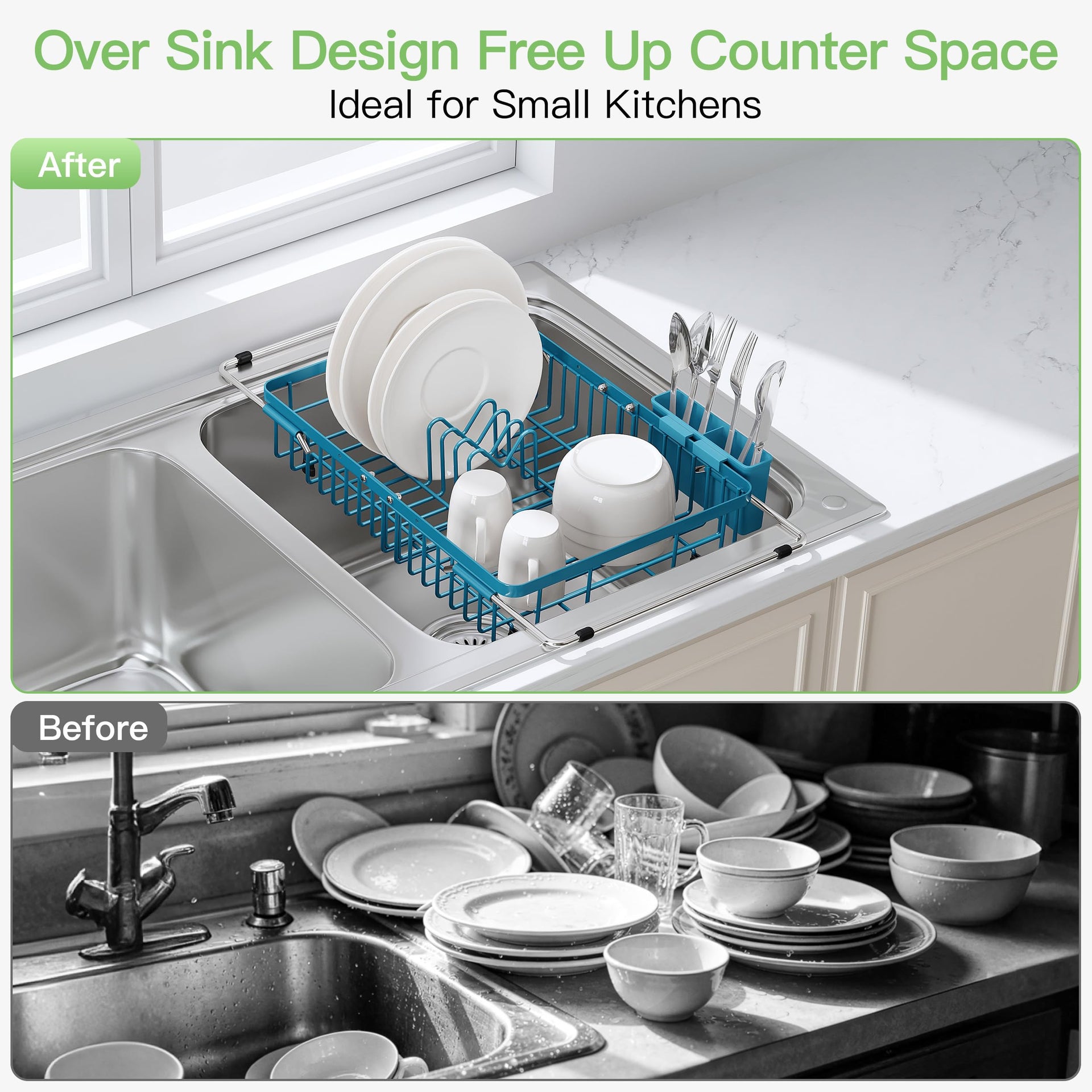 Blue Dish Drying Rack Over the Sink with Utensil Holder