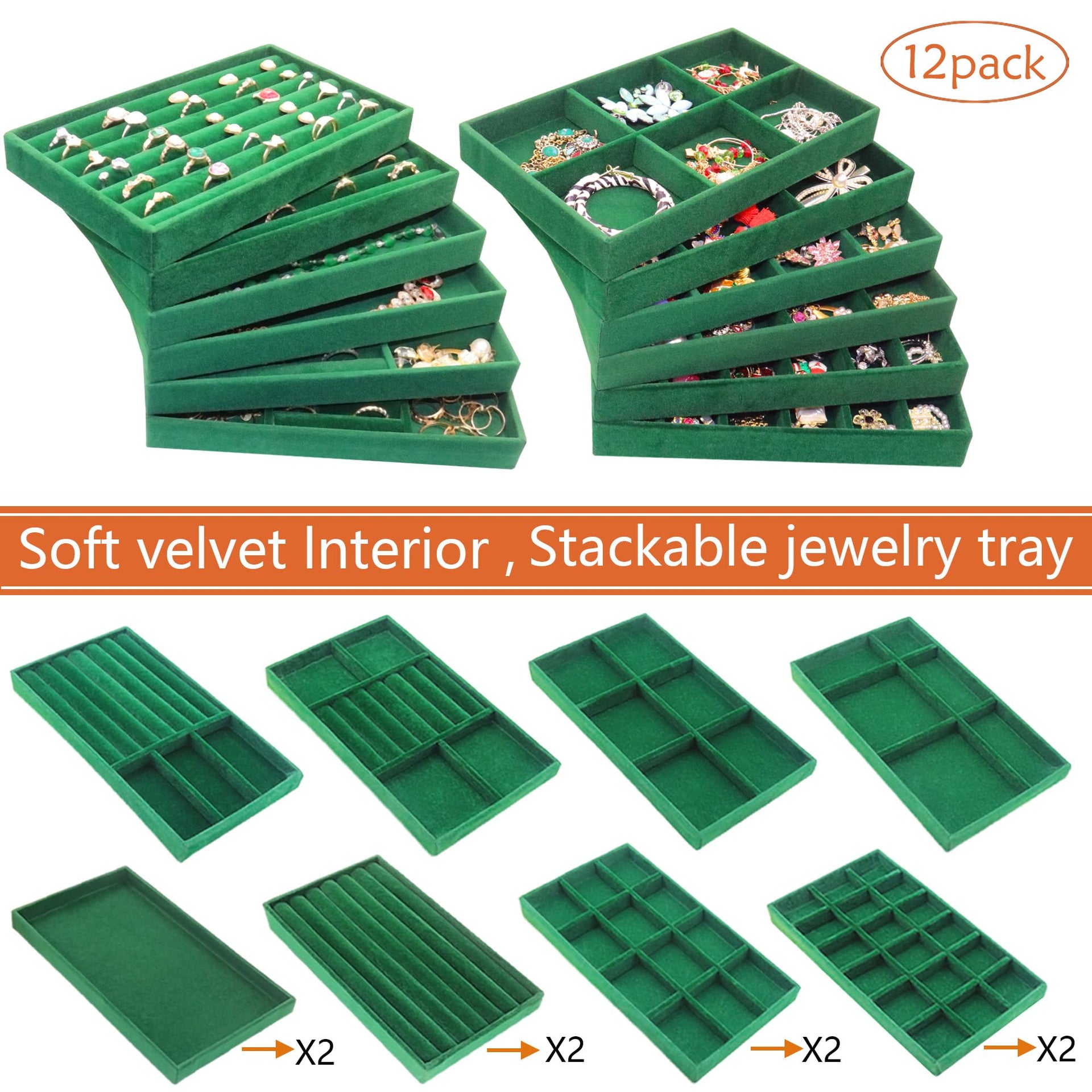 Velvet Jewelry Tray 12 Set Stackable Jewelry Organizer Trays for Drawers Rings Earrings Necklaces Bracelet Watch Display Case (12 Count)